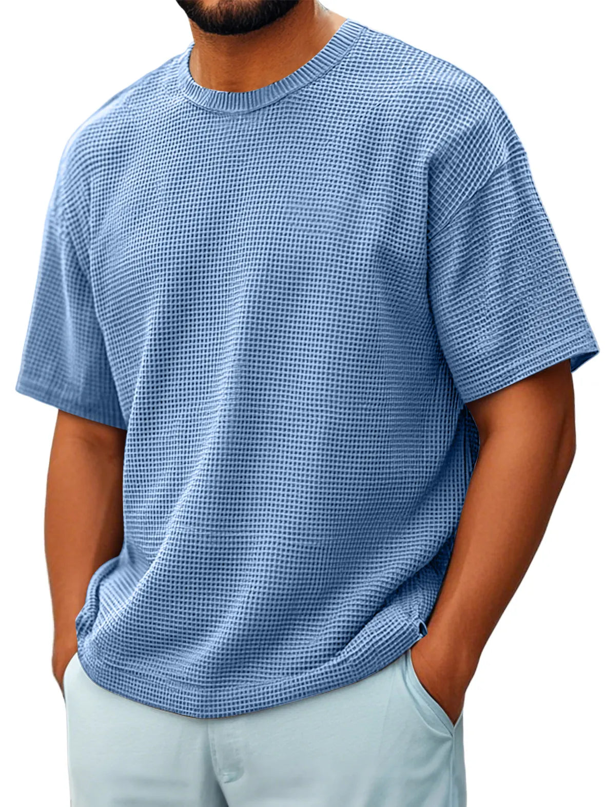 Men's Round Neck Waffle Casual Short-sleeved T-shir