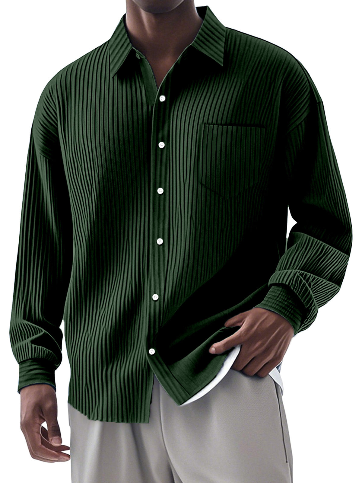 Men's Casual Simple Vertical Pit Strip Long-sleeved Lapel Shirt