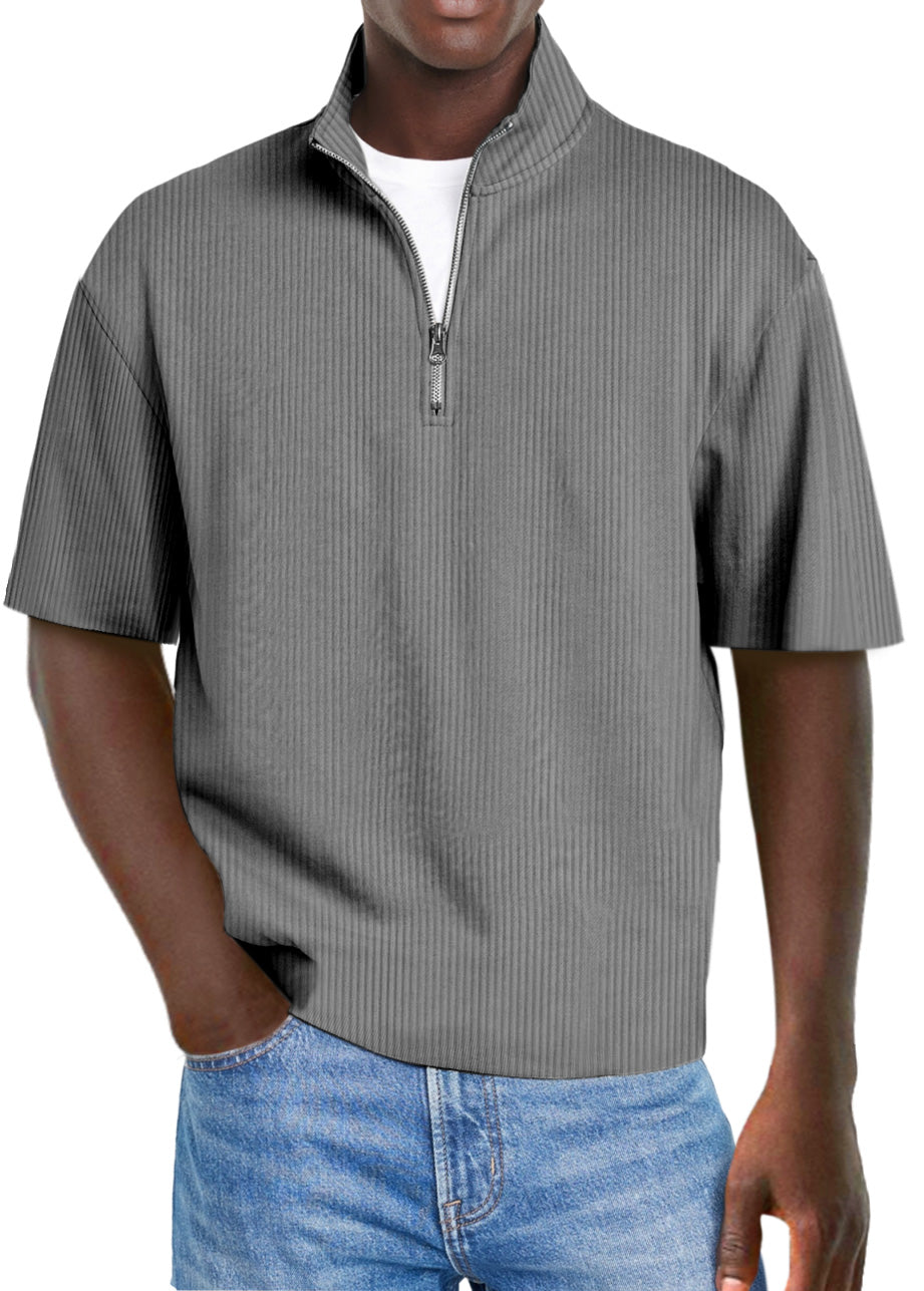 Men's Casual Solid Color Pit Collar Stand Collar Zipper Short Sleeve Polo Shirt