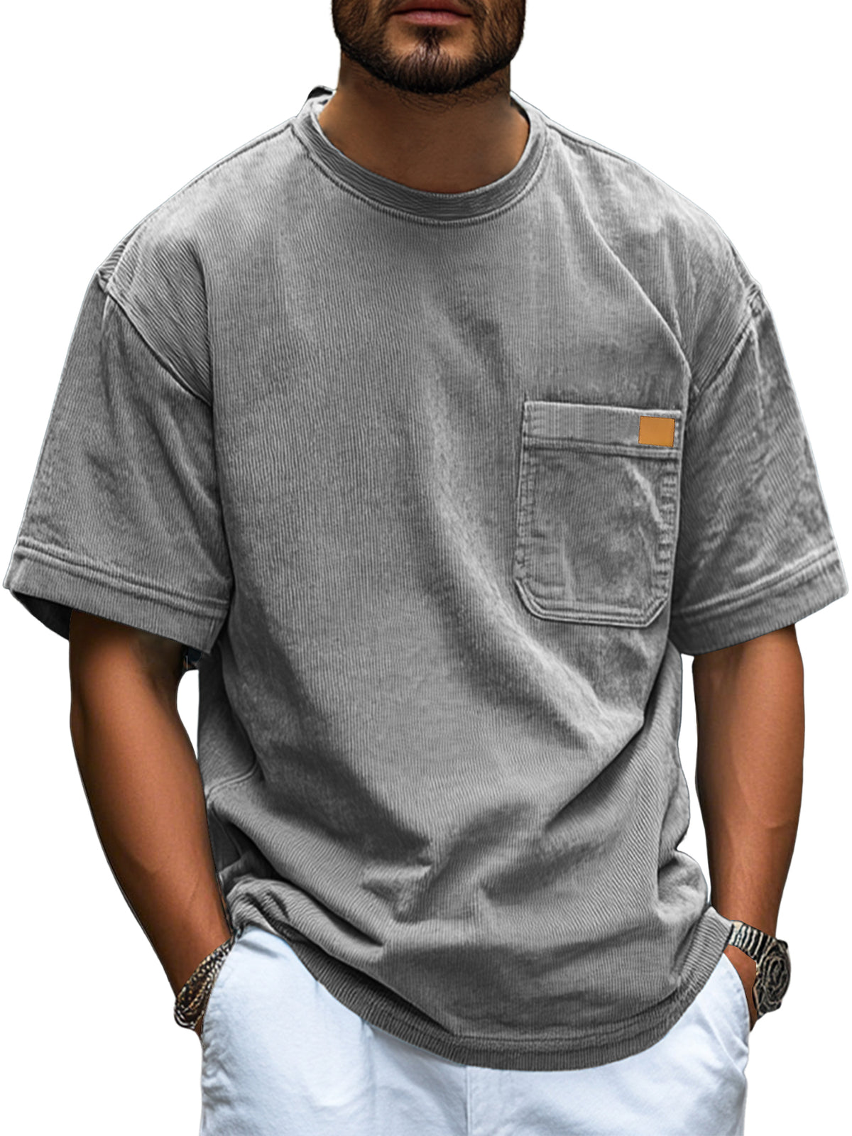 Men's Fashion Retro Corduroy Simple Embroidered Logo Pocket Casual Short-sleeved T-shirt