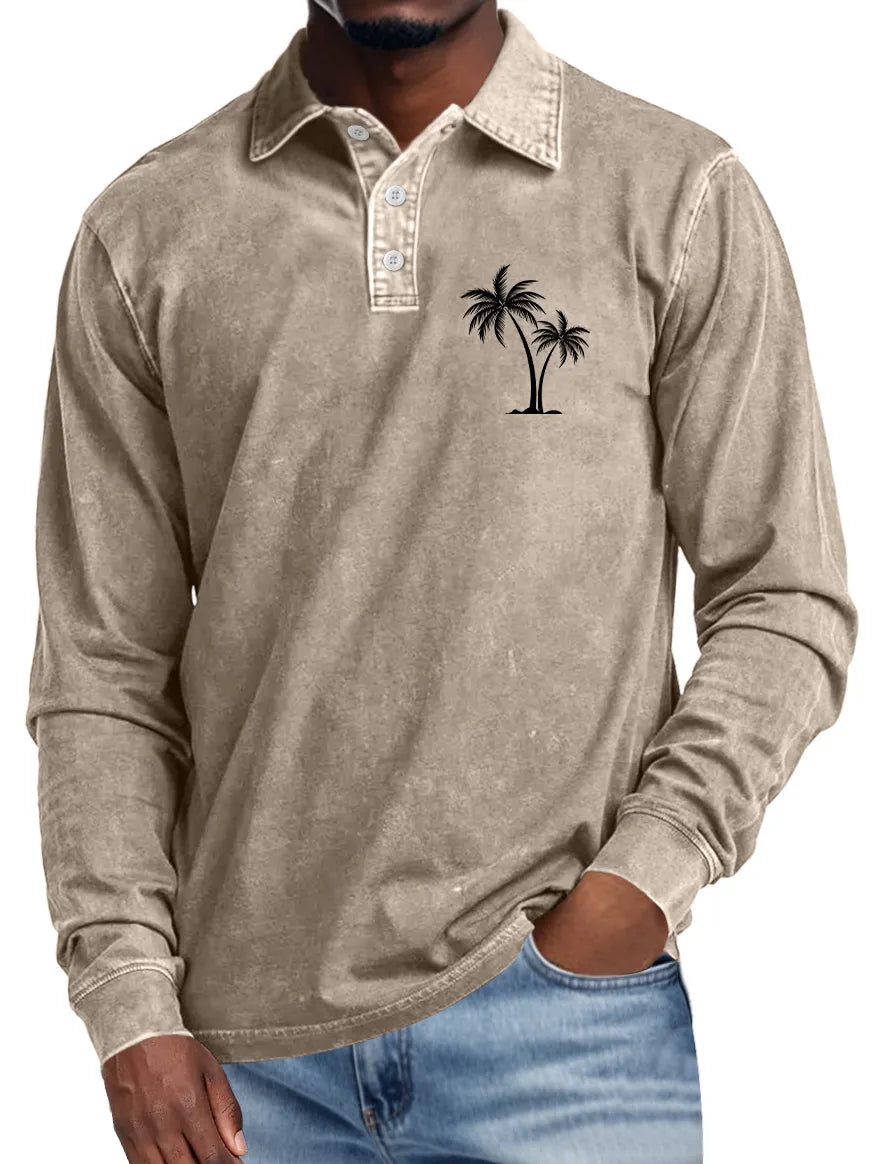 Men's Casual Lapel Buttoned Coconut Print Long Sleeve POLO Shirt