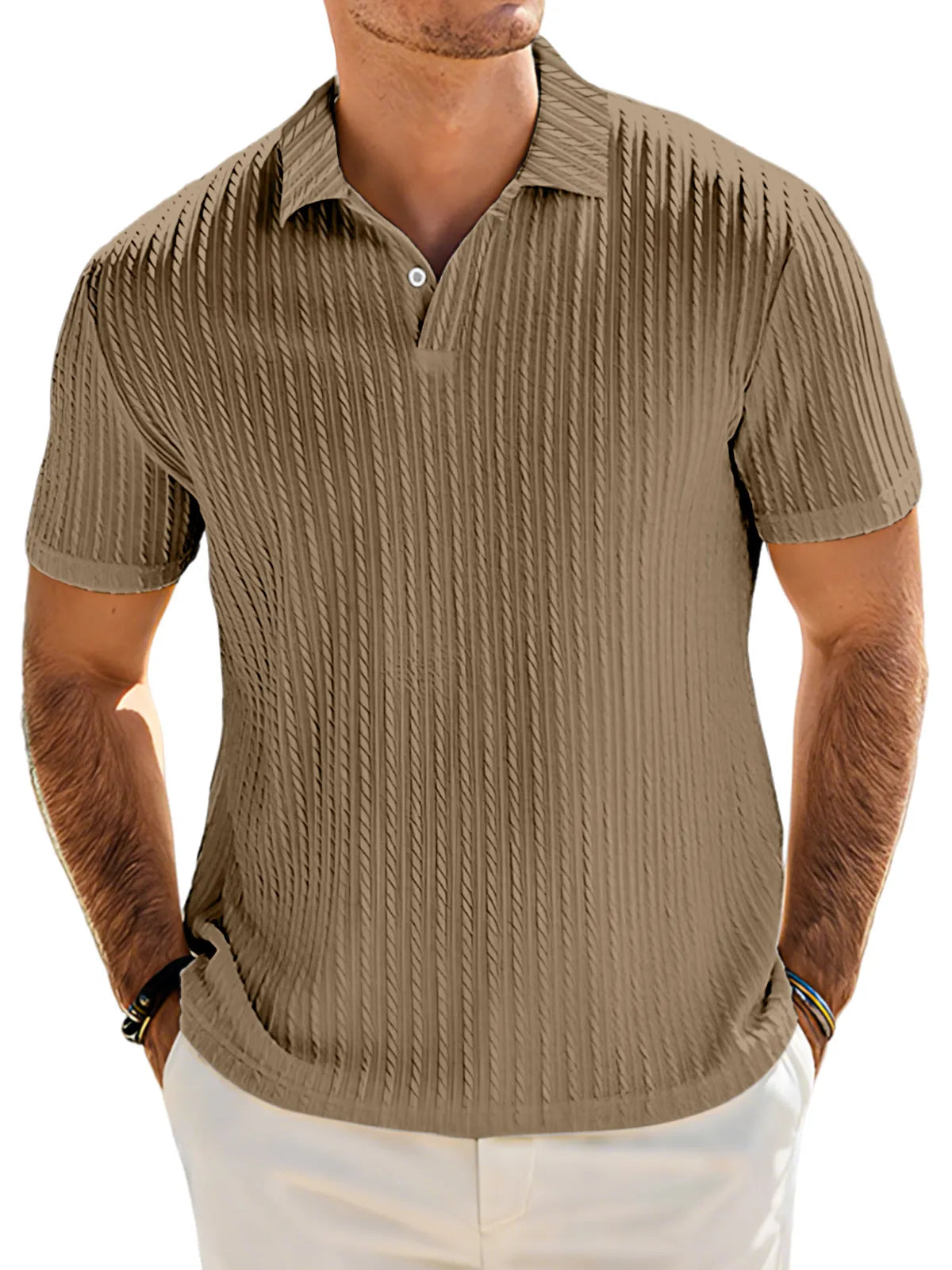 Men's Casual Solid Color Textured Lapel Button Short Sleeve Polo Shirt