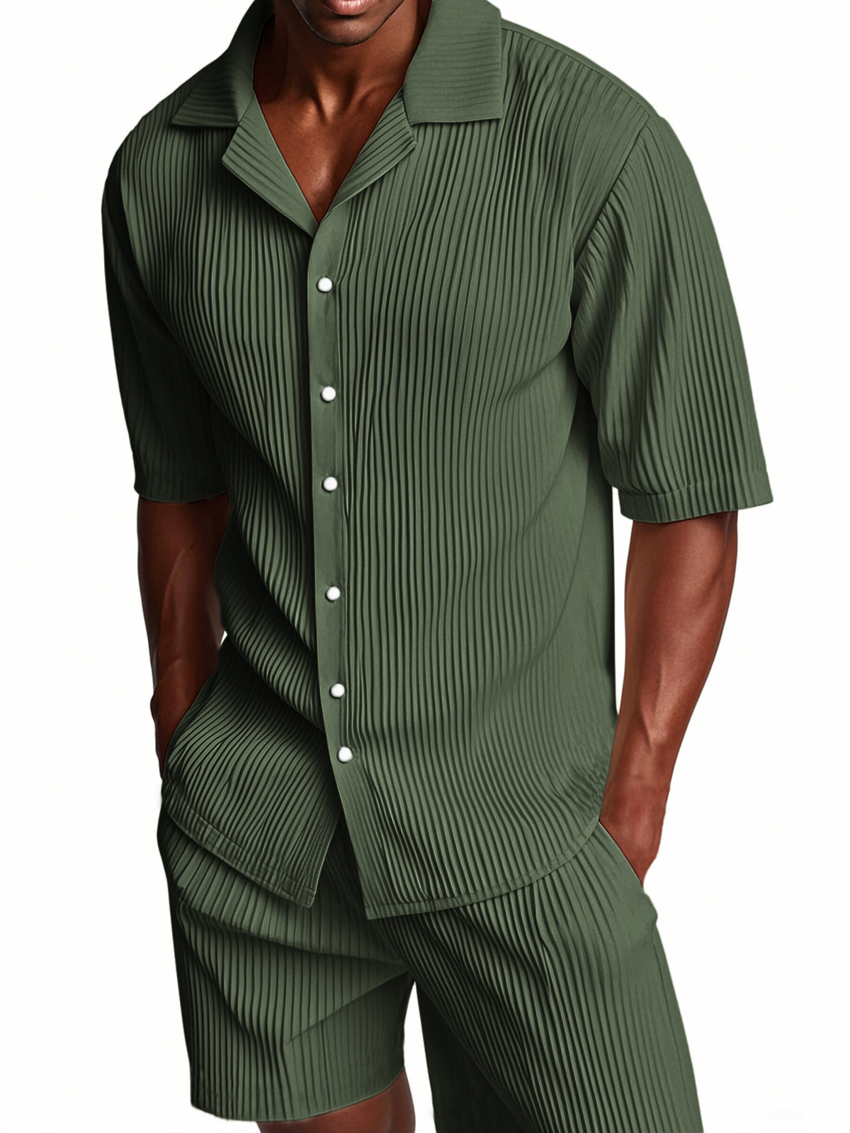 Men's Pleated Texture Suit Cuban Collar Casual Striped Fabric Short Sleeve Shirt Shorts Casual Two-piece Suit