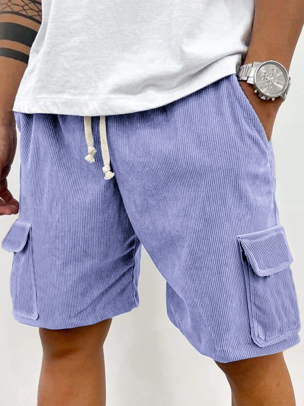 Men's Corduroy Stylish Multi-Pocket Lace Up Utility Casual Cargo Shorts