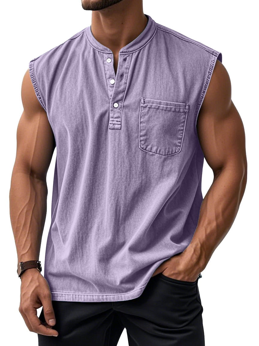 Men's Retro Solid Color Simple Sleeveless Henley Shirt