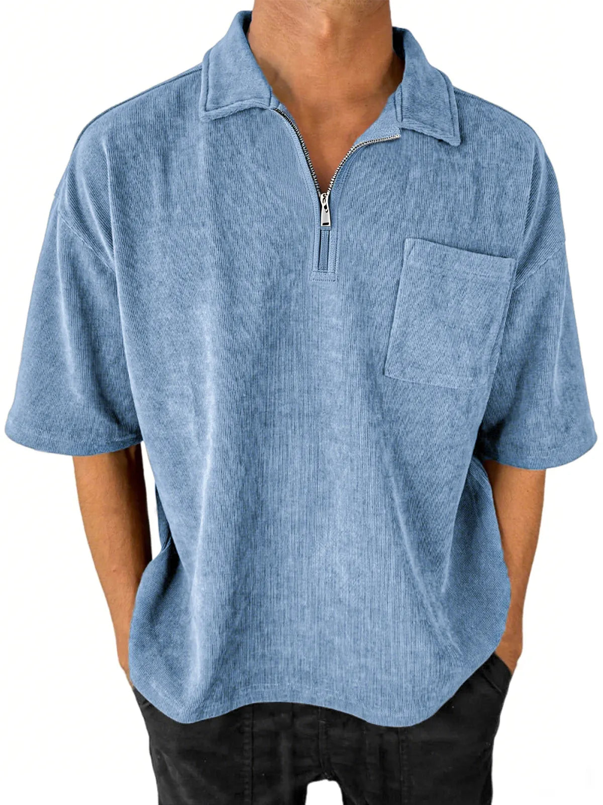 Men's Stylish Ribbed Quarter-Zip Lapel Corduroy Casual POLO Shirt With Chest Pocket