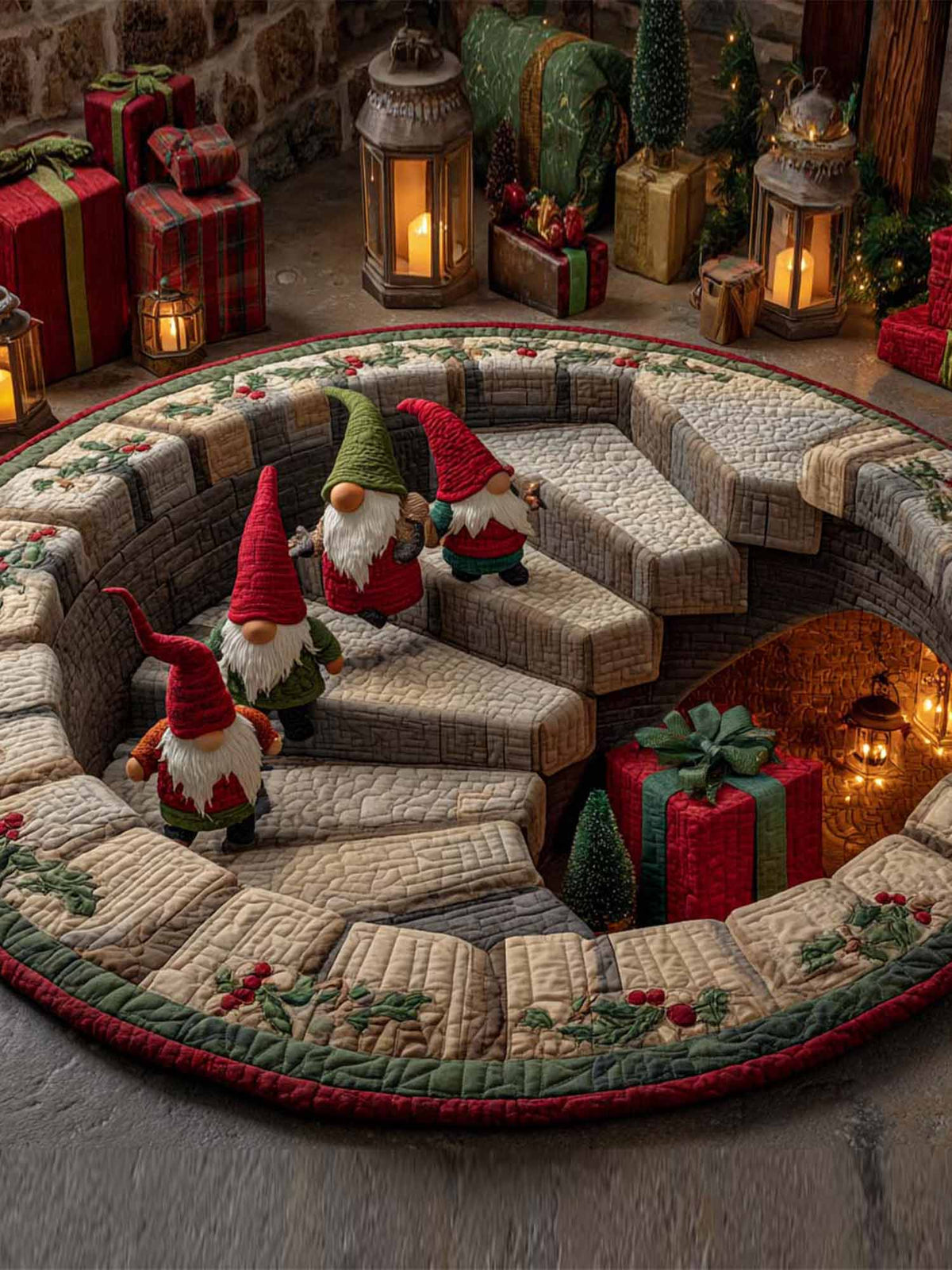 Gnome Stairs Quilted Christmas Tree Skirt