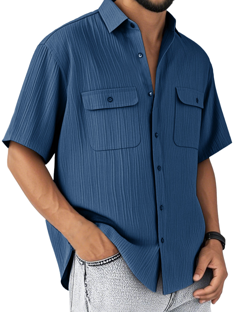 Men's Fashion Retro Double Pocket Lapel Short Sleeve Shirt