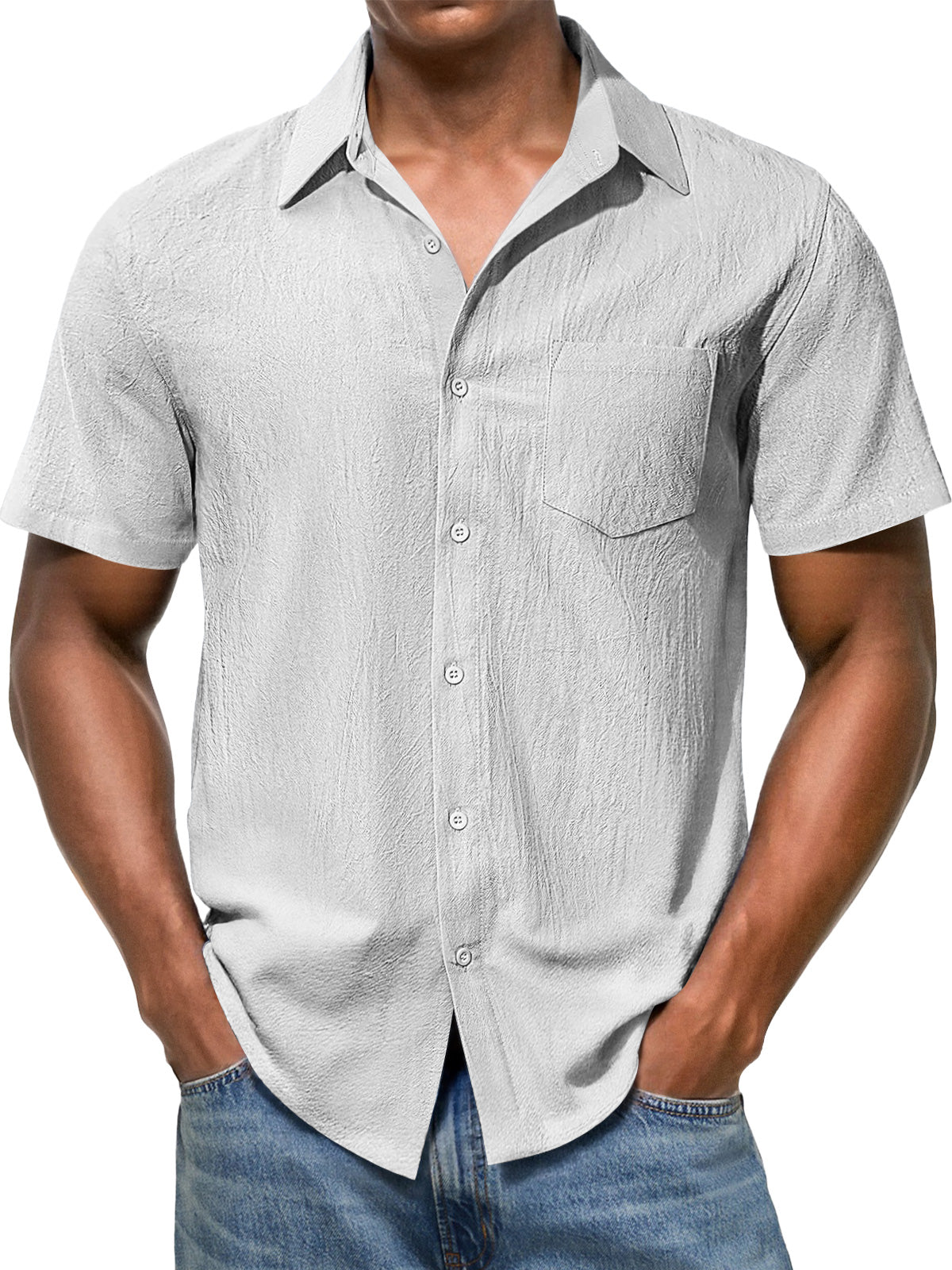 Men's Casual Texture Lapel Pocket Solid Color Comfortable Short Sleeve Shirt