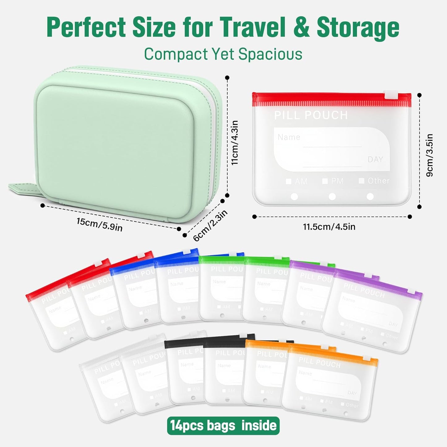 Waterproof Pill Organizer Pouch Set – 14 Removable, Colour-Coded Bags, Easy to Label & Refill