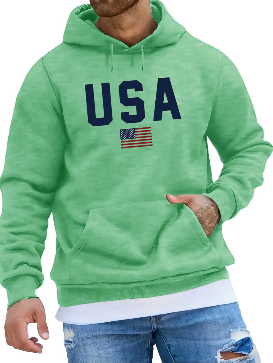 Men's Fashionable American Flag Print Pocket Long Sleeve Hoodie
