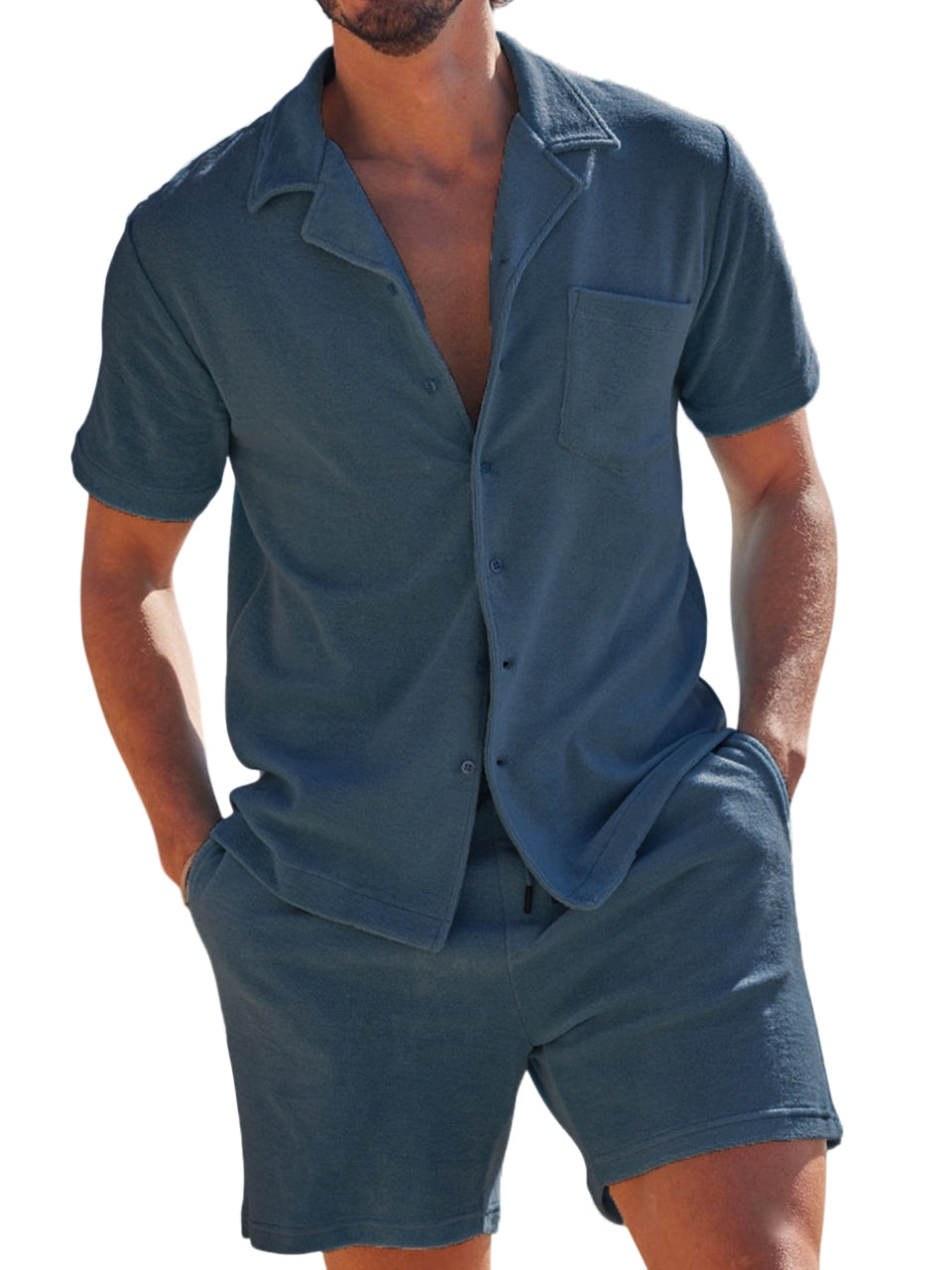 Men's Comfortable Terry Camp Collar Holiday Leisure Suit with Chest Pocket Short Sleeve Shirt Shorts Two-piece Set