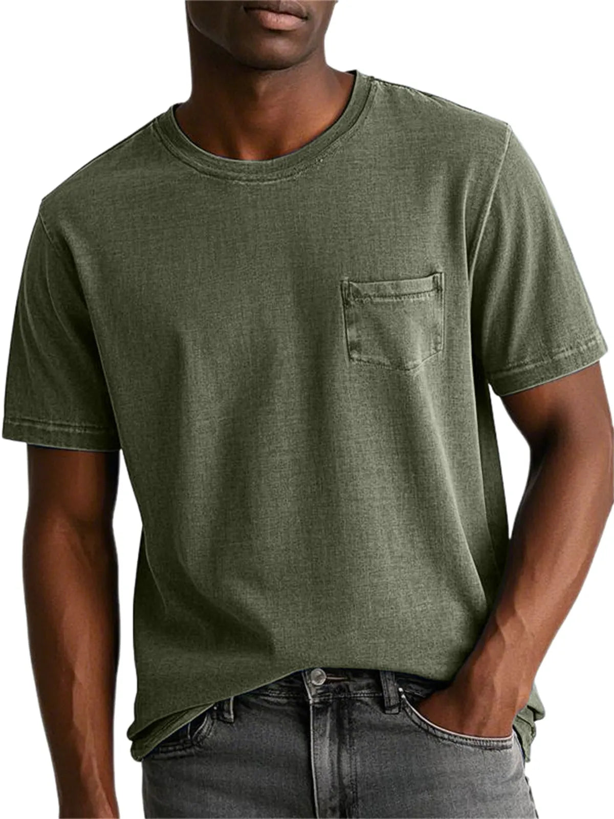 Men's 100% Cotton Washed And Distressed Retro Pocket Round Neck Short-sleeved T-shirt