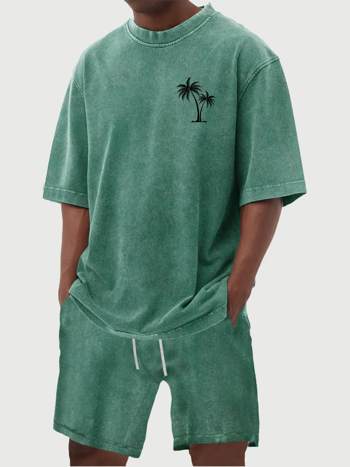 Men's 100% Cotton Vintage Distressed Washed Coconut Tree Print Short Sleeved Shirt Shorts Set