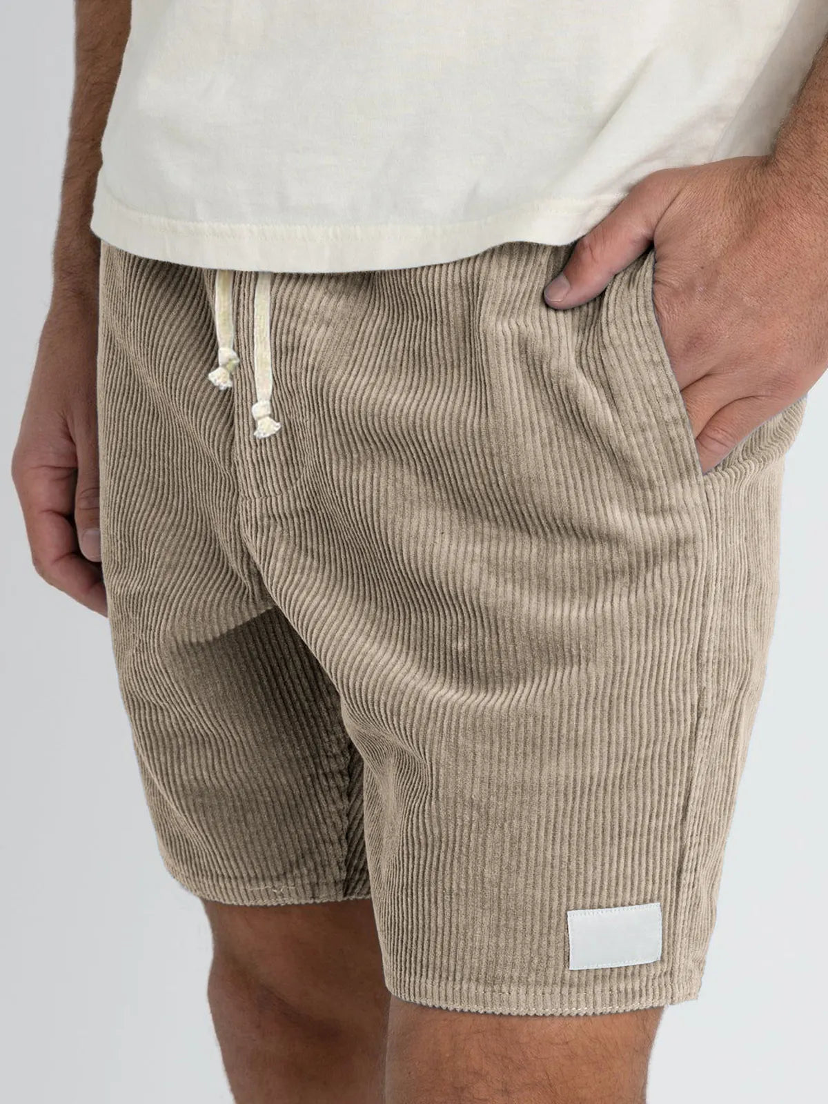 Men's Stylish Corduroy Basics Embroidered Logo Comfortable Everyday Lace-Up Shorts with Side Pockets