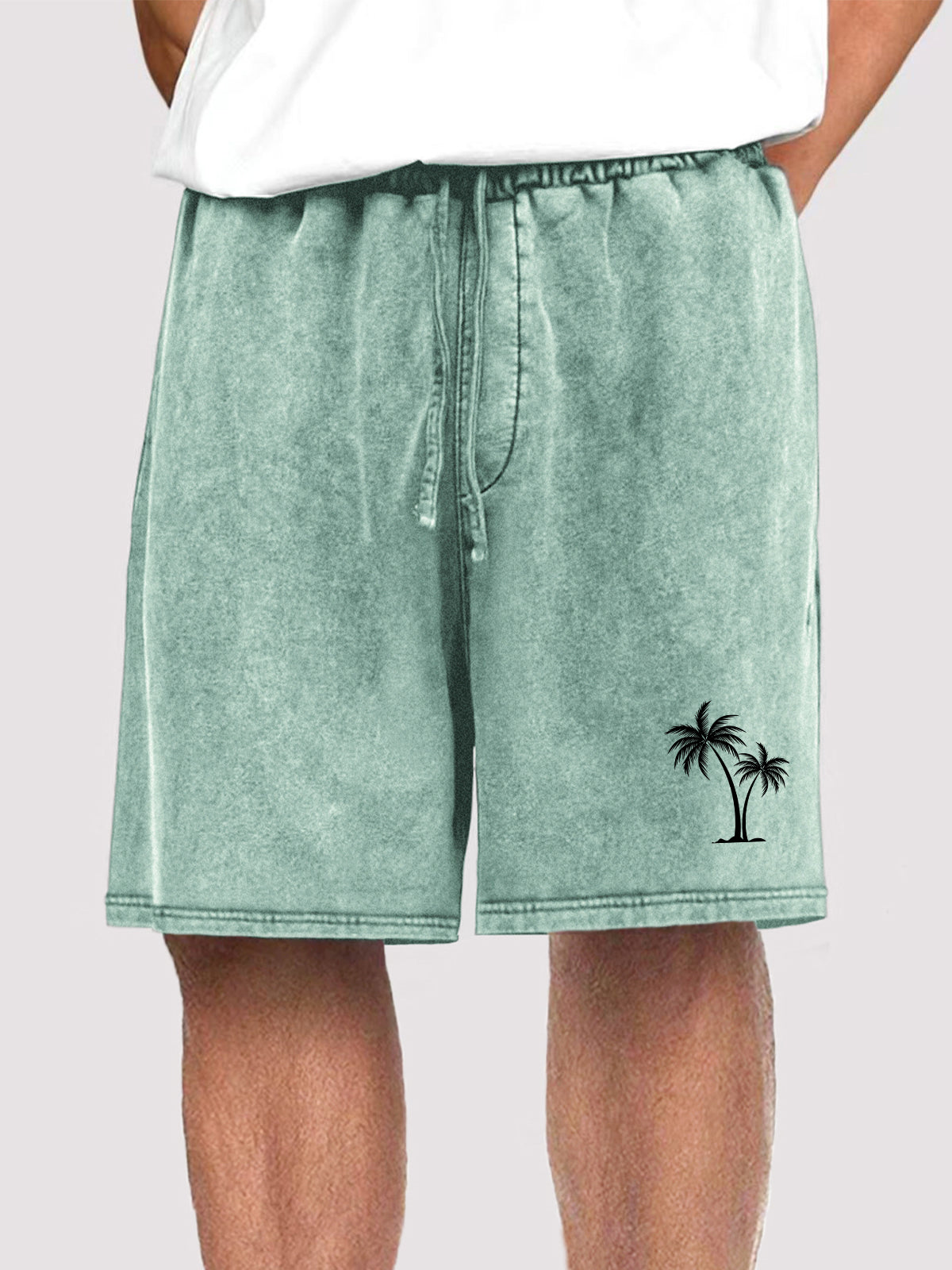 Men's Vintage Distressed Coconut Tree Print Holiday Casual Elastic Waist Shorts With Side Pockets