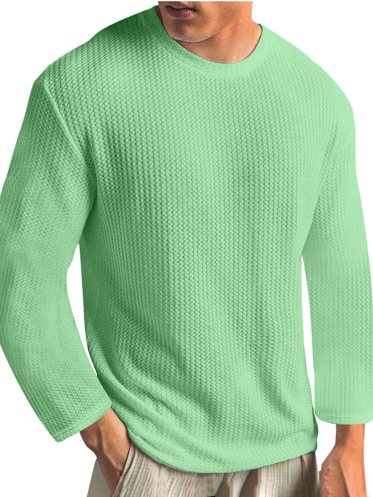 Men's Knitted Waffle Fabric Solid Color Basic Casual Base Outer Wear Long-sleeved T-shirt