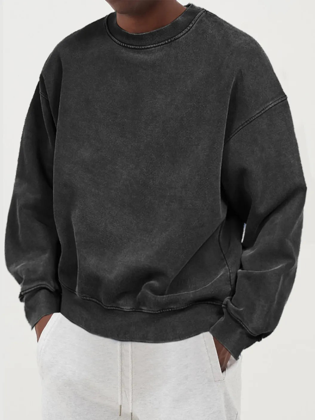 Men's Distressed Washed Cotton Round Neck Long-sleeved Sweatshirt