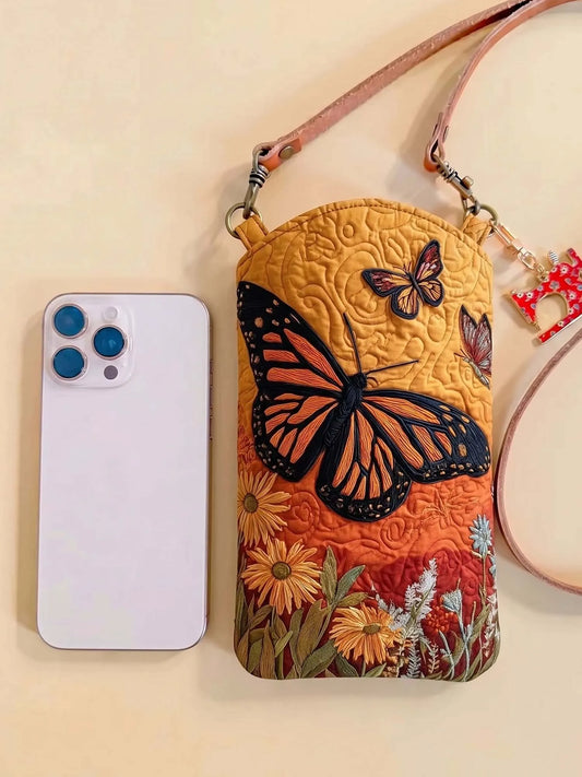 Monarch Butterfly Wildflower Quilted Slim Phone Crossbody Bag