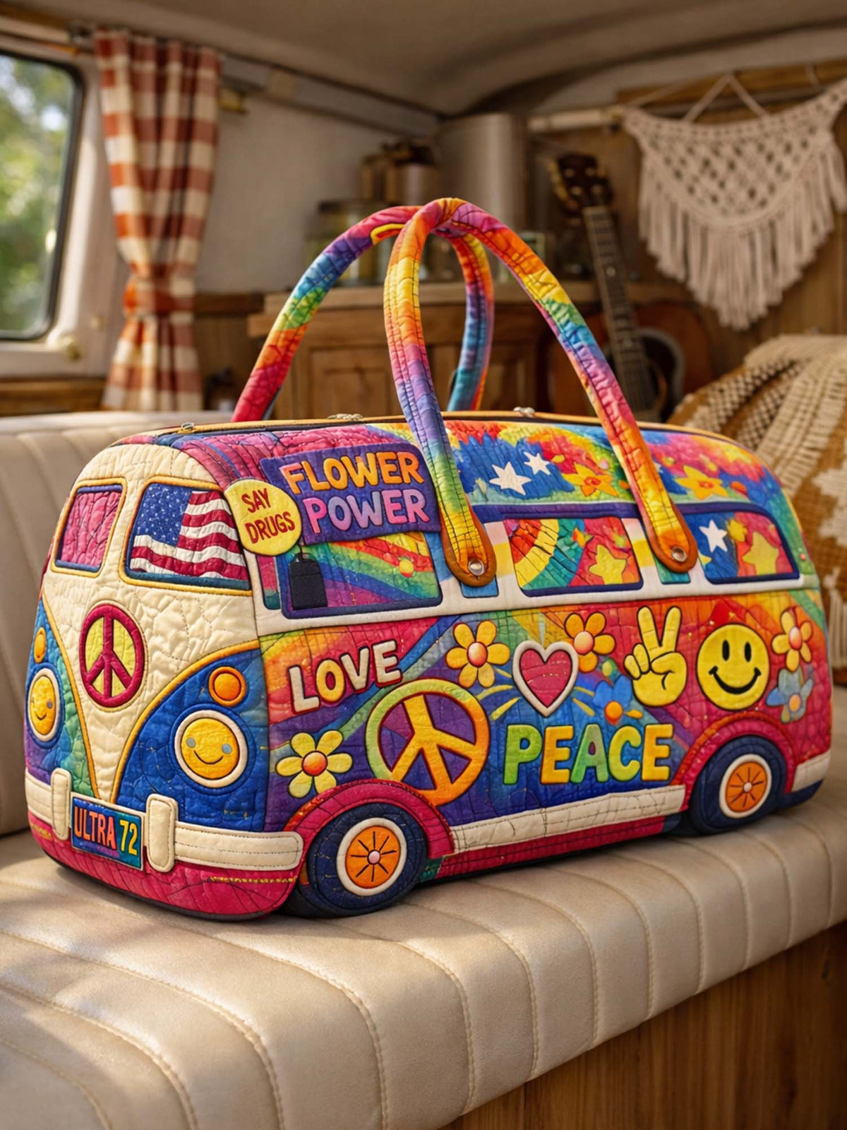 Hippie Van Flower Power Love Peace Somewhere Quilted Duffle Bag