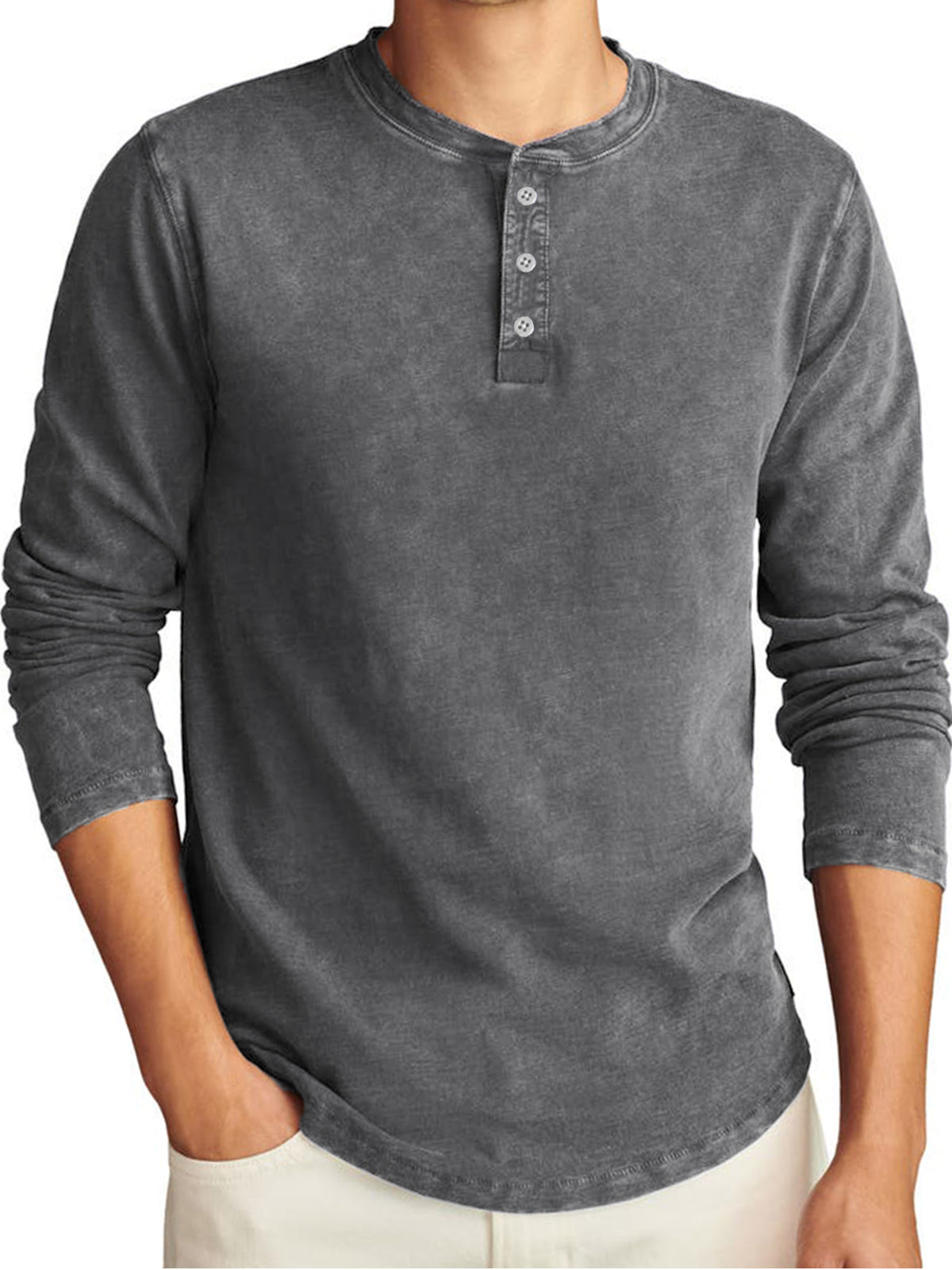 Men's Vintage Distressed Long Sleeve Washed Casual T-Shirt Henley Shirt