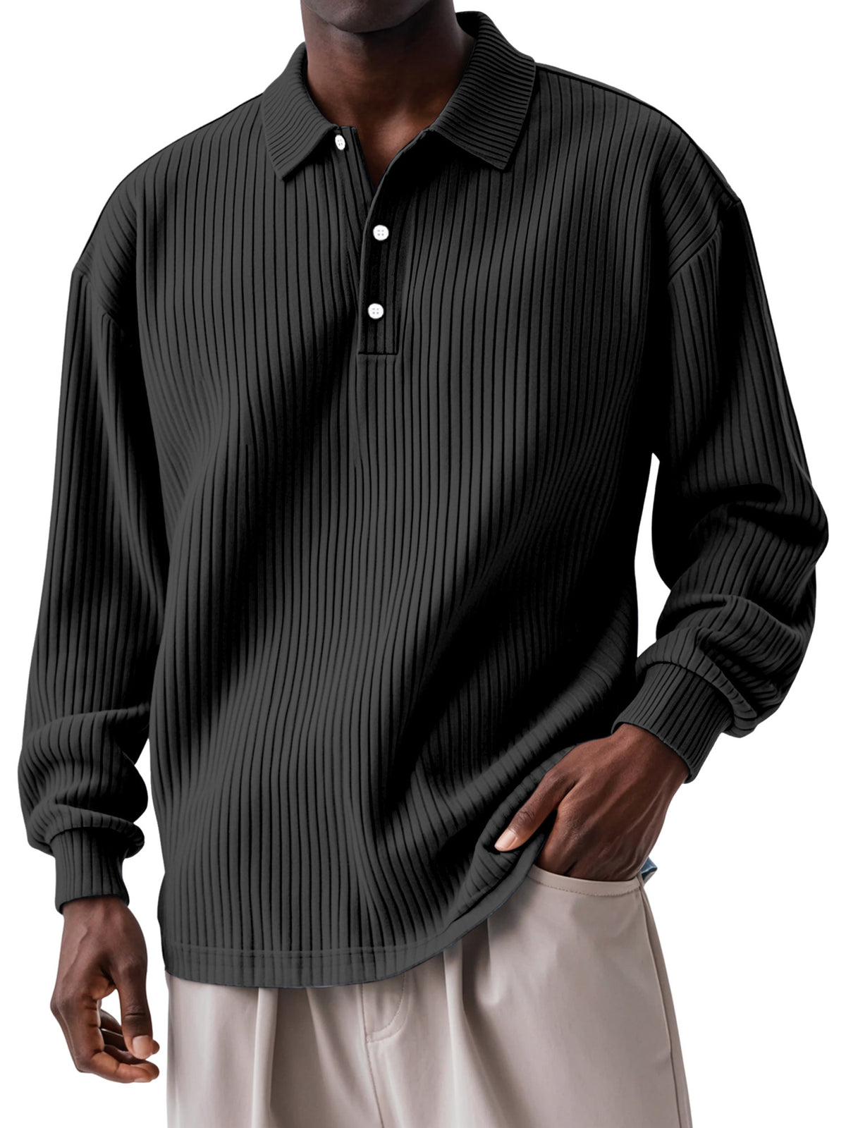 Men's Daily Solid Color Vertical Button Long Sleeve Polo Shirt
