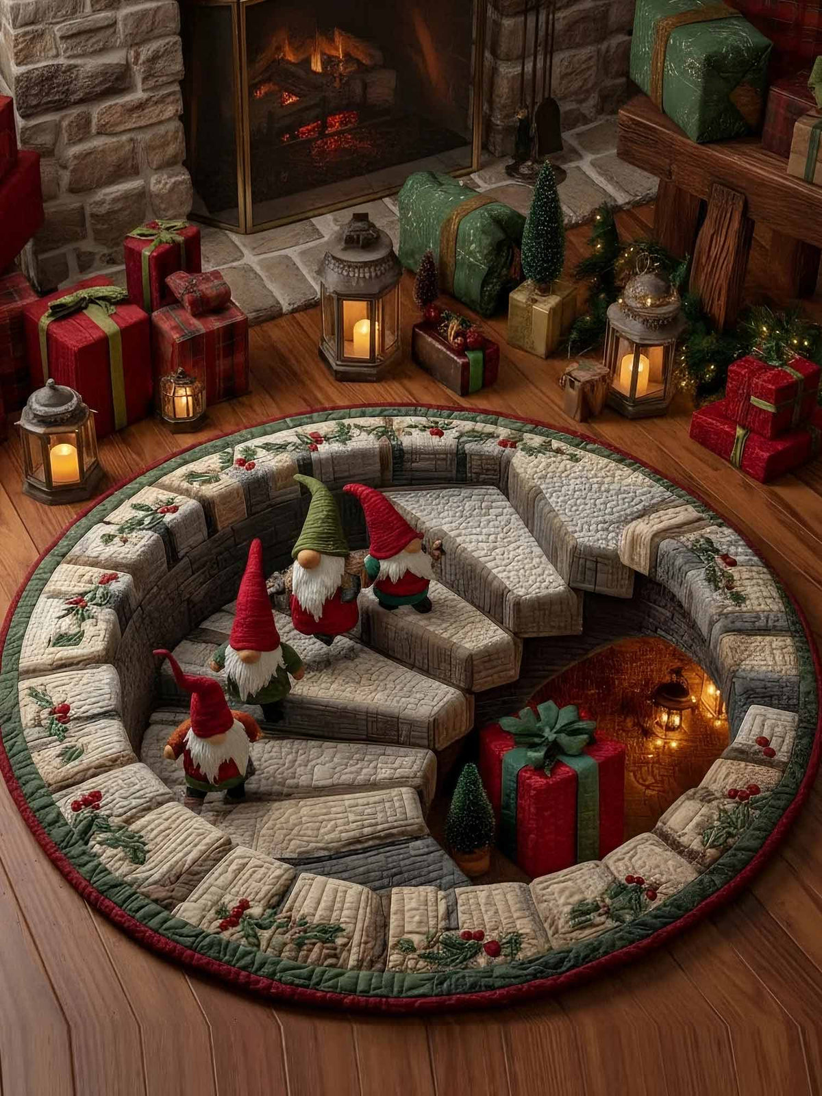 Gnome Stairs Quilted Christmas Tree Skirt