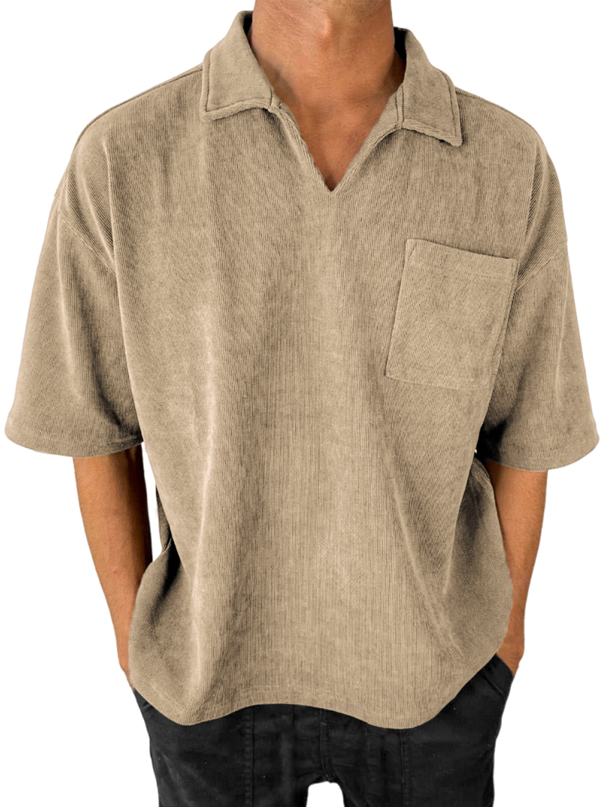 Men's Stylish V-Neck Ribbed Corduroy Casual POLO Shirt With Chest Pocket