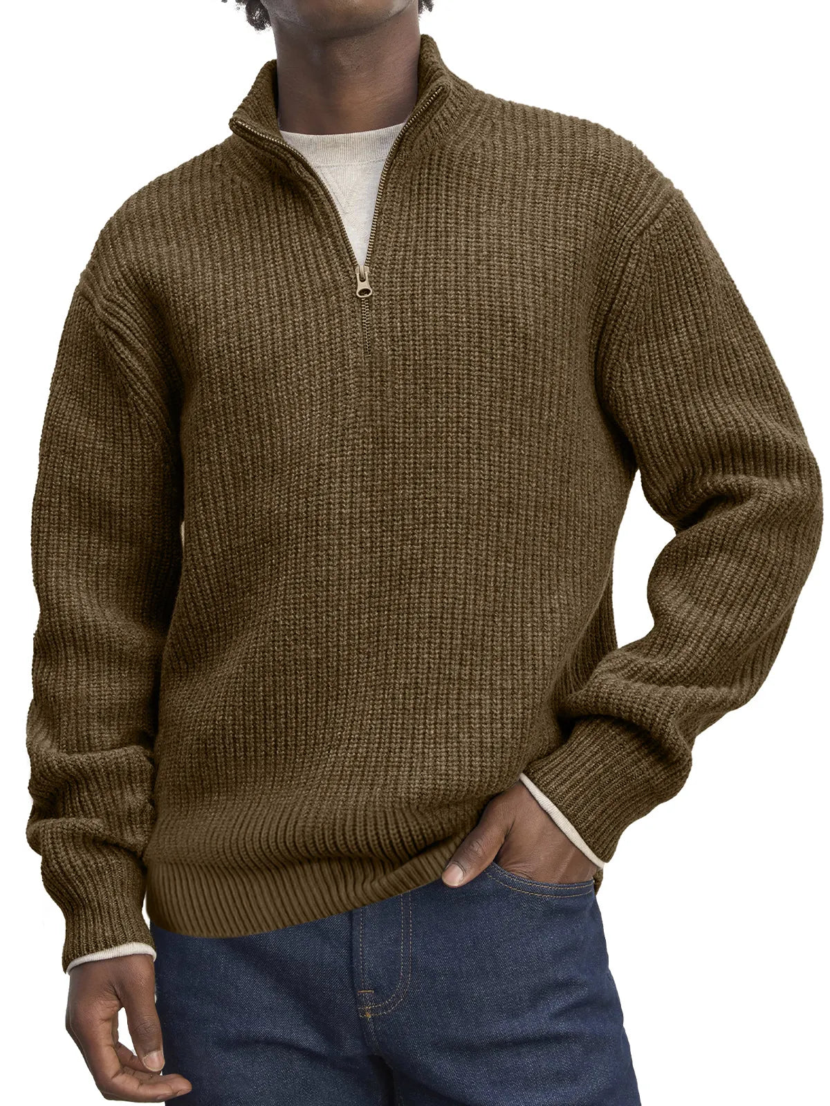 Men's Casual Stand Collar Zipper Solid Color Comfortable Knitted Sweater