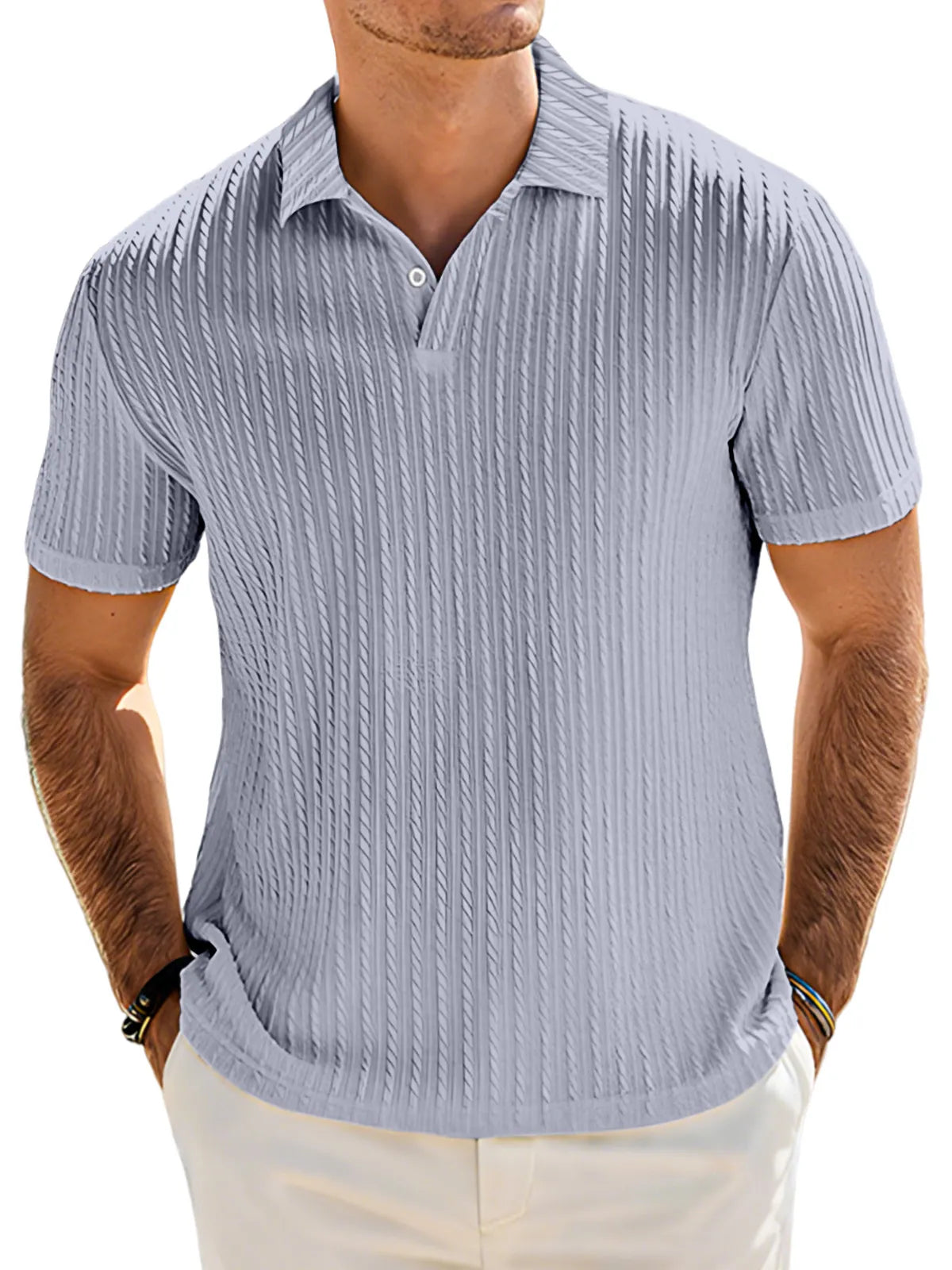 Men's Casual Solid Color Textured Lapel Button Short Sleeve Polo Shirt