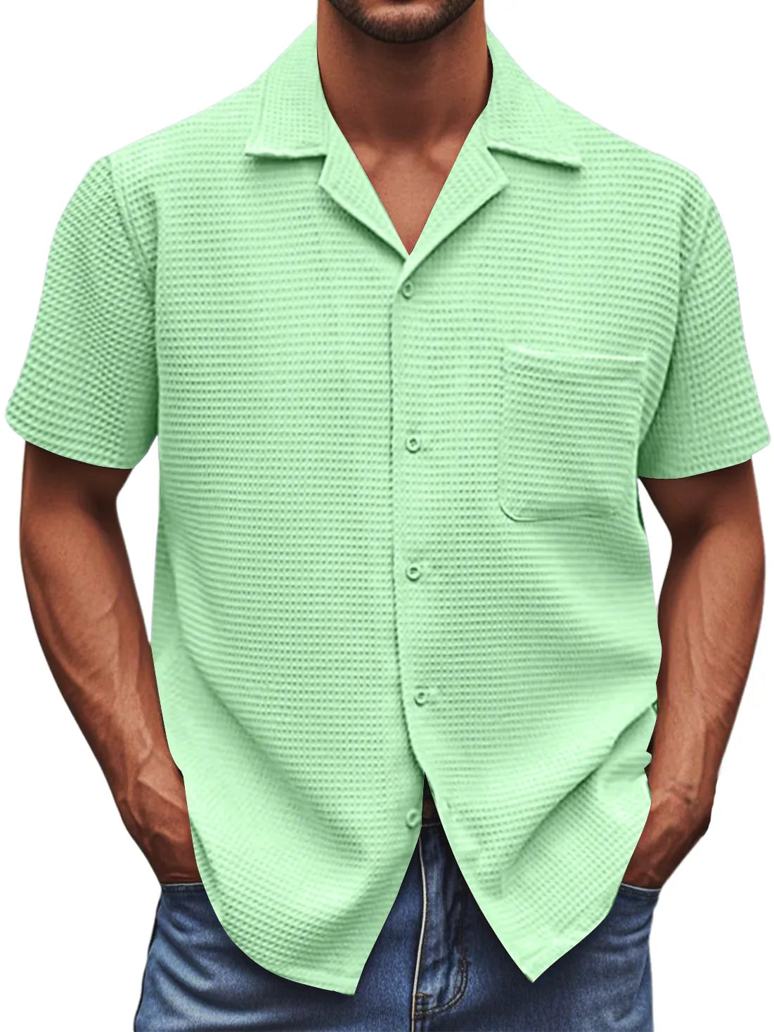 Men's Cuban Collar Waffle Texture Basic Soft And Comfortable Daily Casual Pocket Short-sleeved Shirt