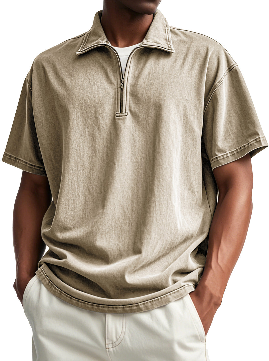 Men's Fashion Retro Distressed Short Sleeve Stand Collar Zip Polo Shirt