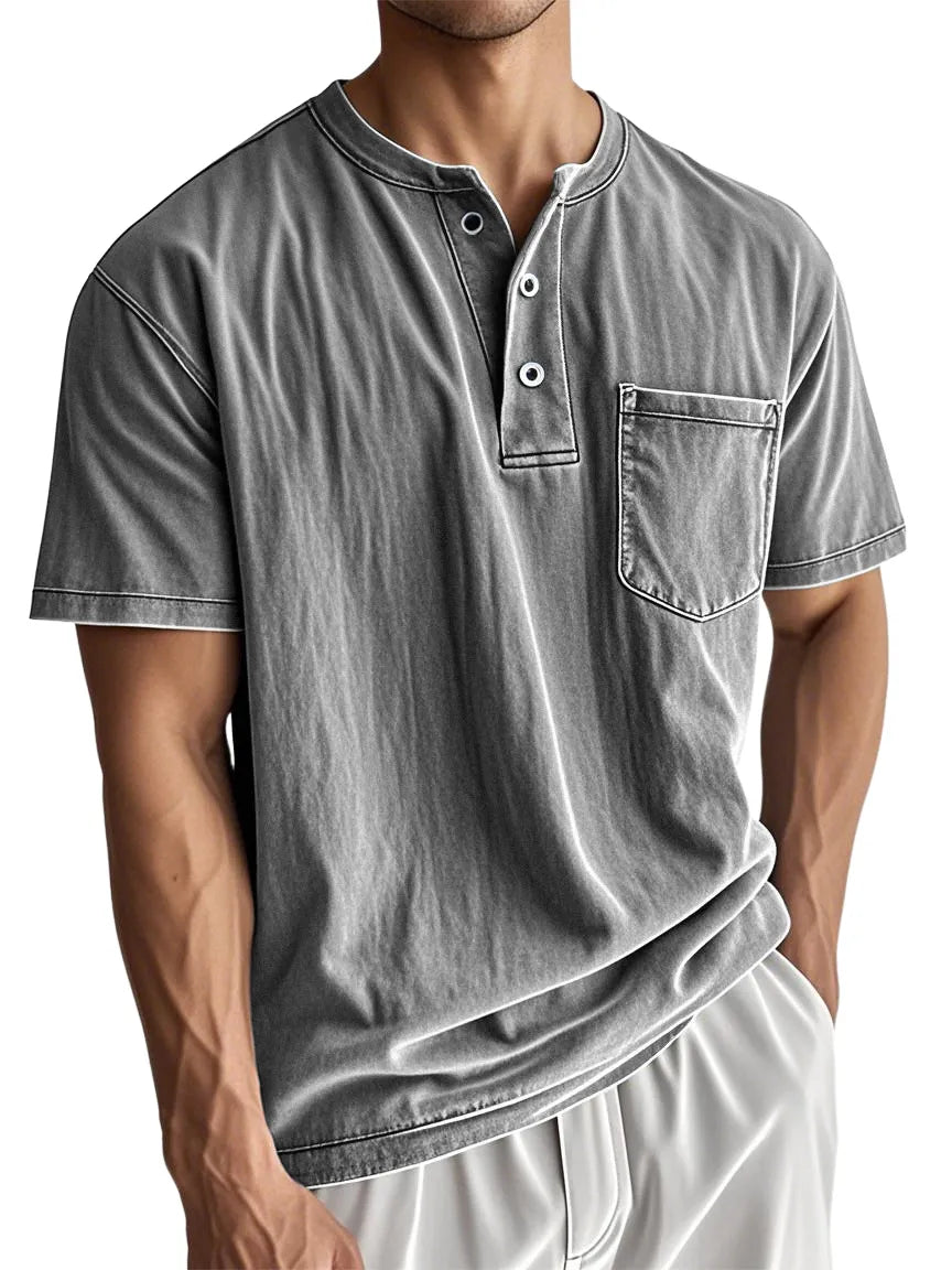 Men's Stylish Washed Distressed Cotton Vintage Casual Pocket Henley Shirt