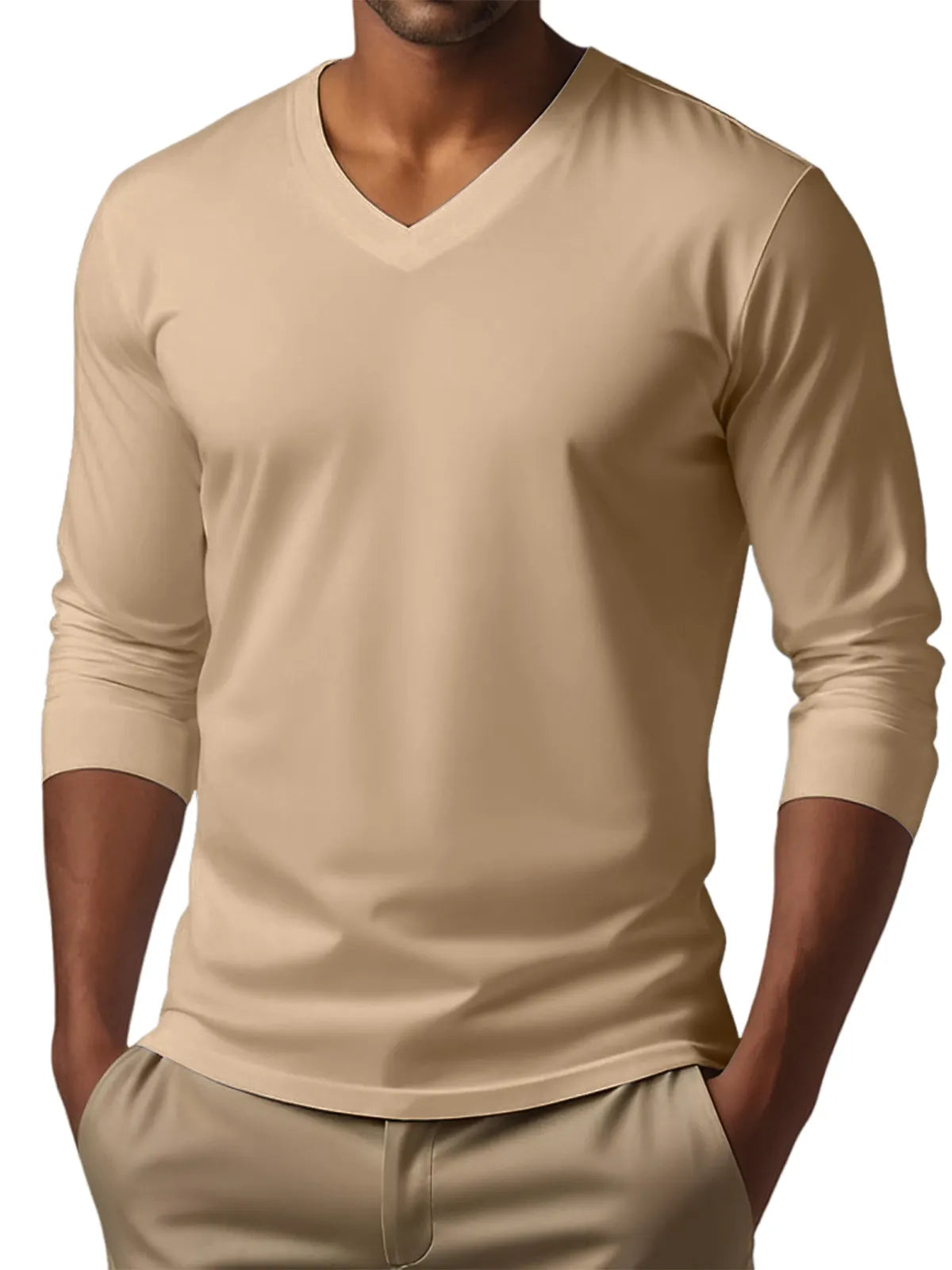 Men's V-neck casual solid color long-sleeved T-shirt