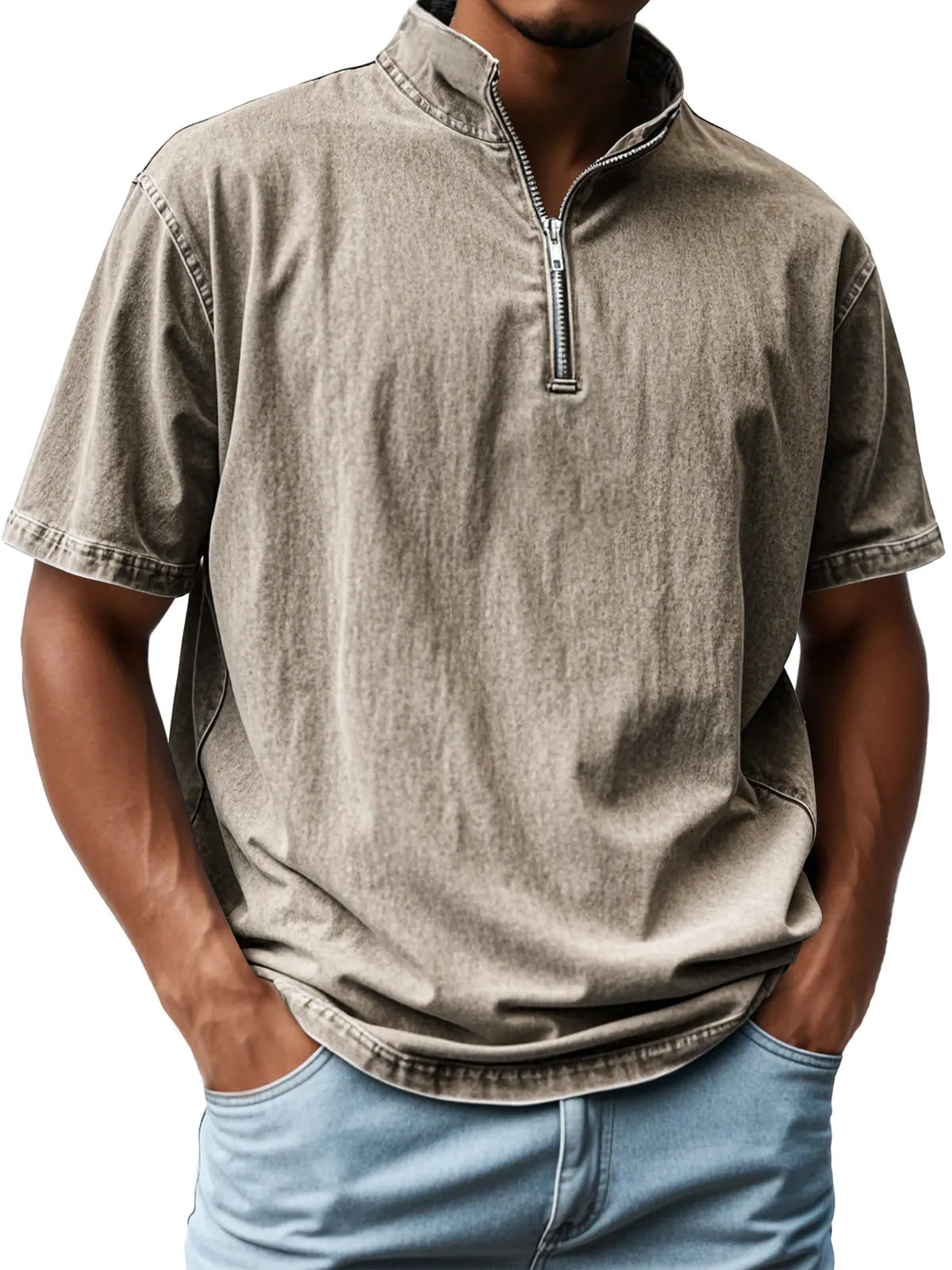 Men's Retro Stand Collar Zipper Casual Short Sleeve T-Shirt