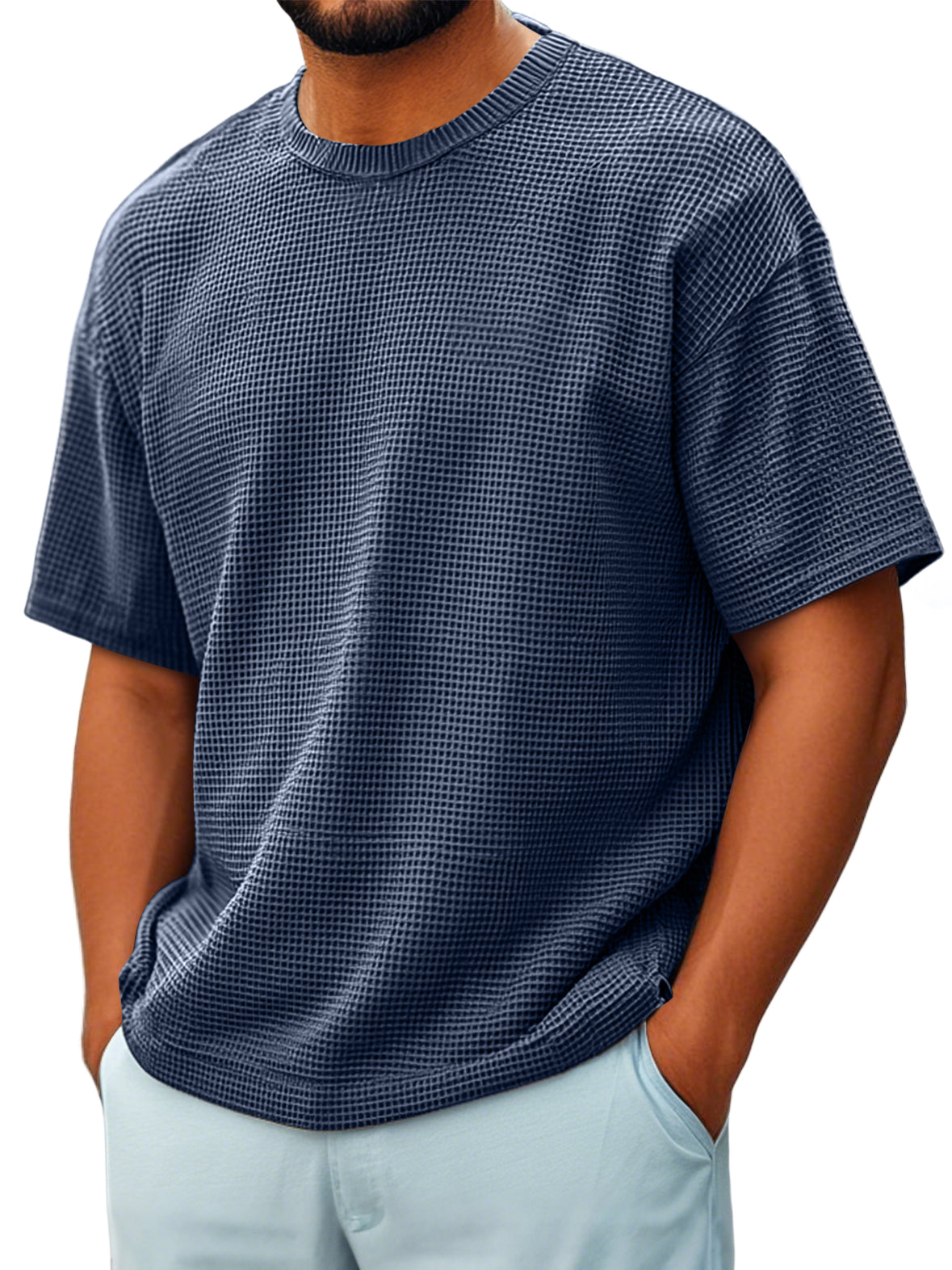 Men's Round Neck Waffle Casual Short-sleeved T-shir