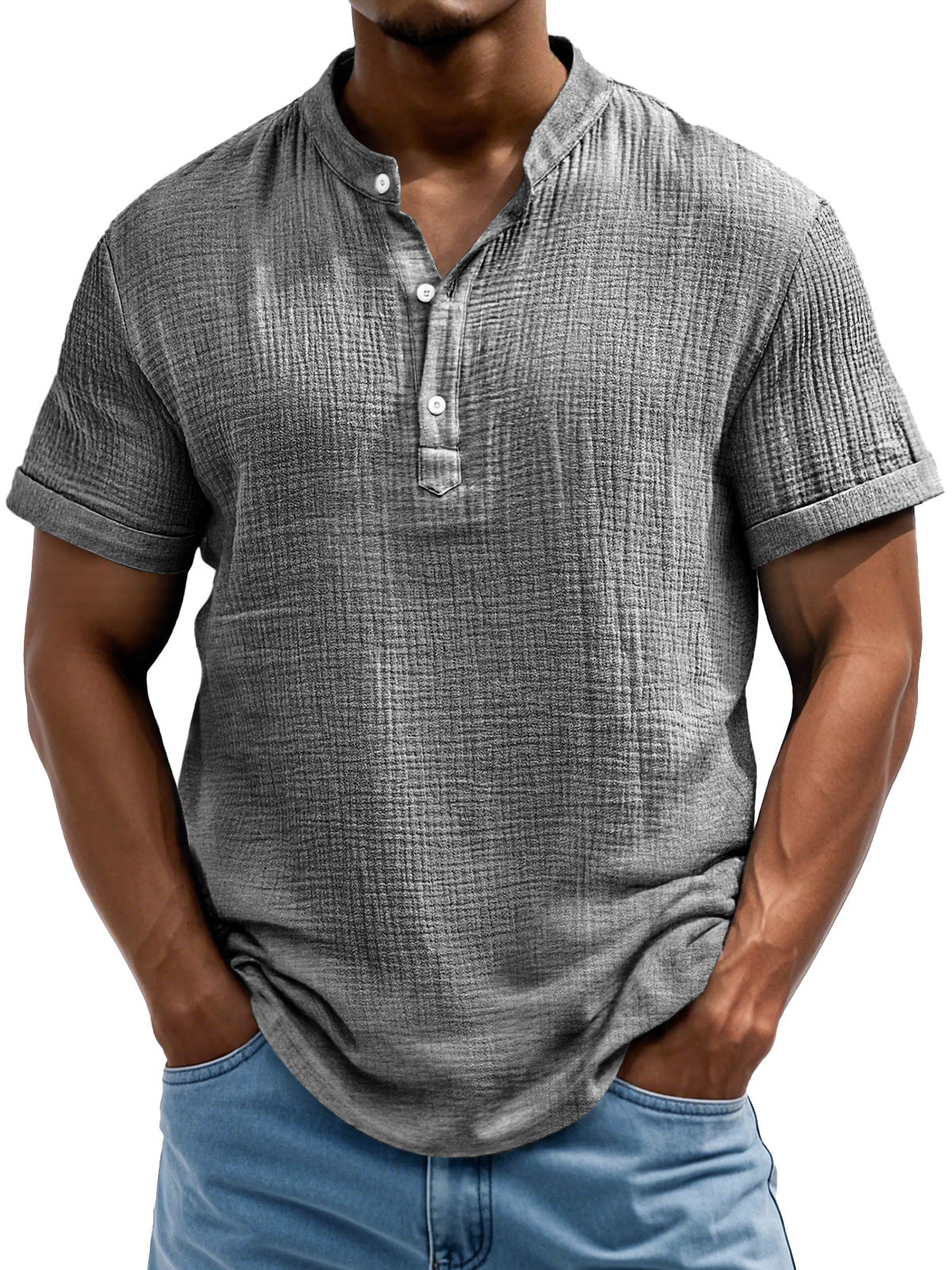 Men's Daily Casual Textured Half-Placket Henley Short Sleeve Shirt