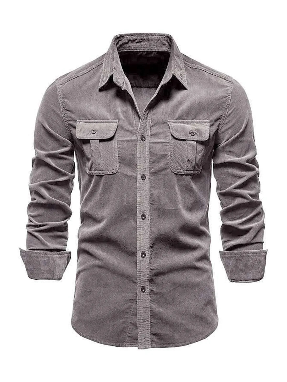 Men's Casual Corduroy Double Pocket Solid Color Long Sleeve Shirt