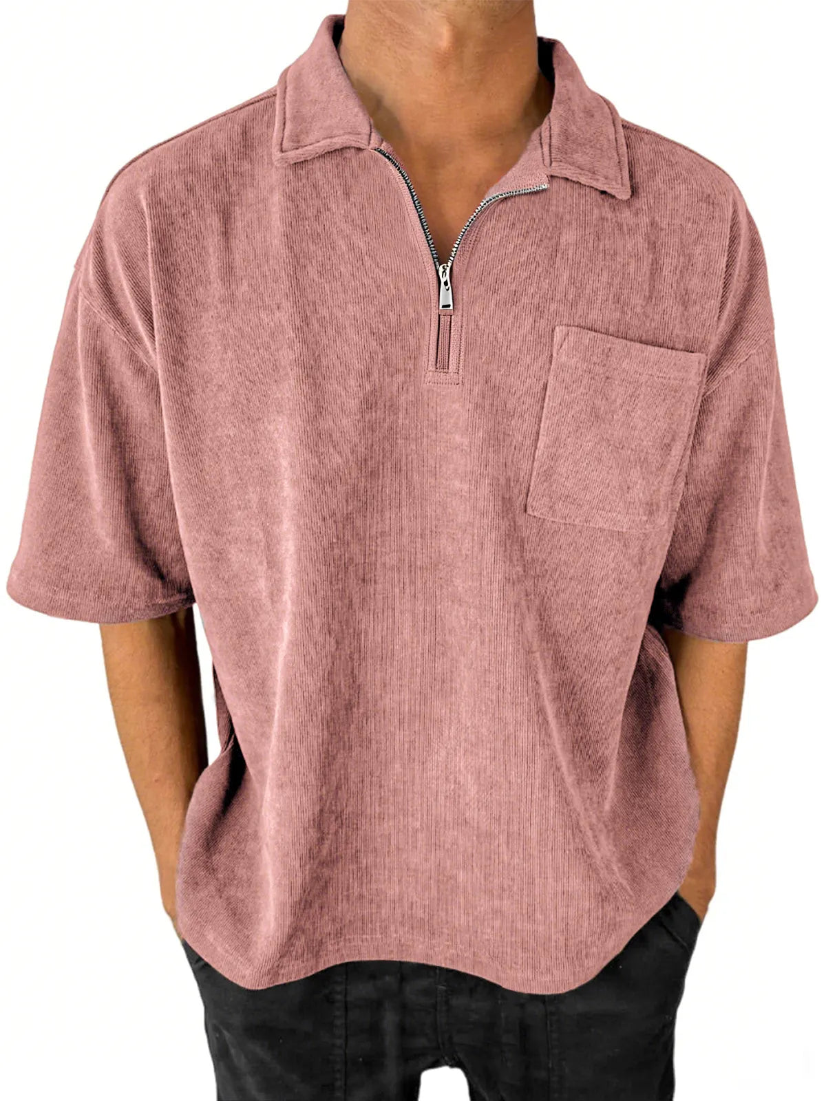 Men's Stylish Ribbed Quarter-Zip Lapel Corduroy Casual POLO Shirt With Chest Pocket