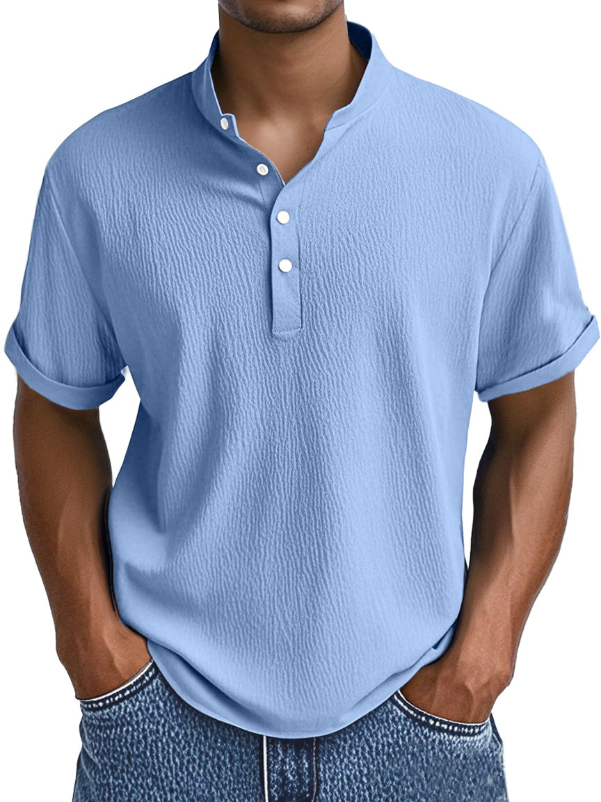 Men's Summer Daily Solid Color Pleated Texture Short-sleeved Henley Shirt