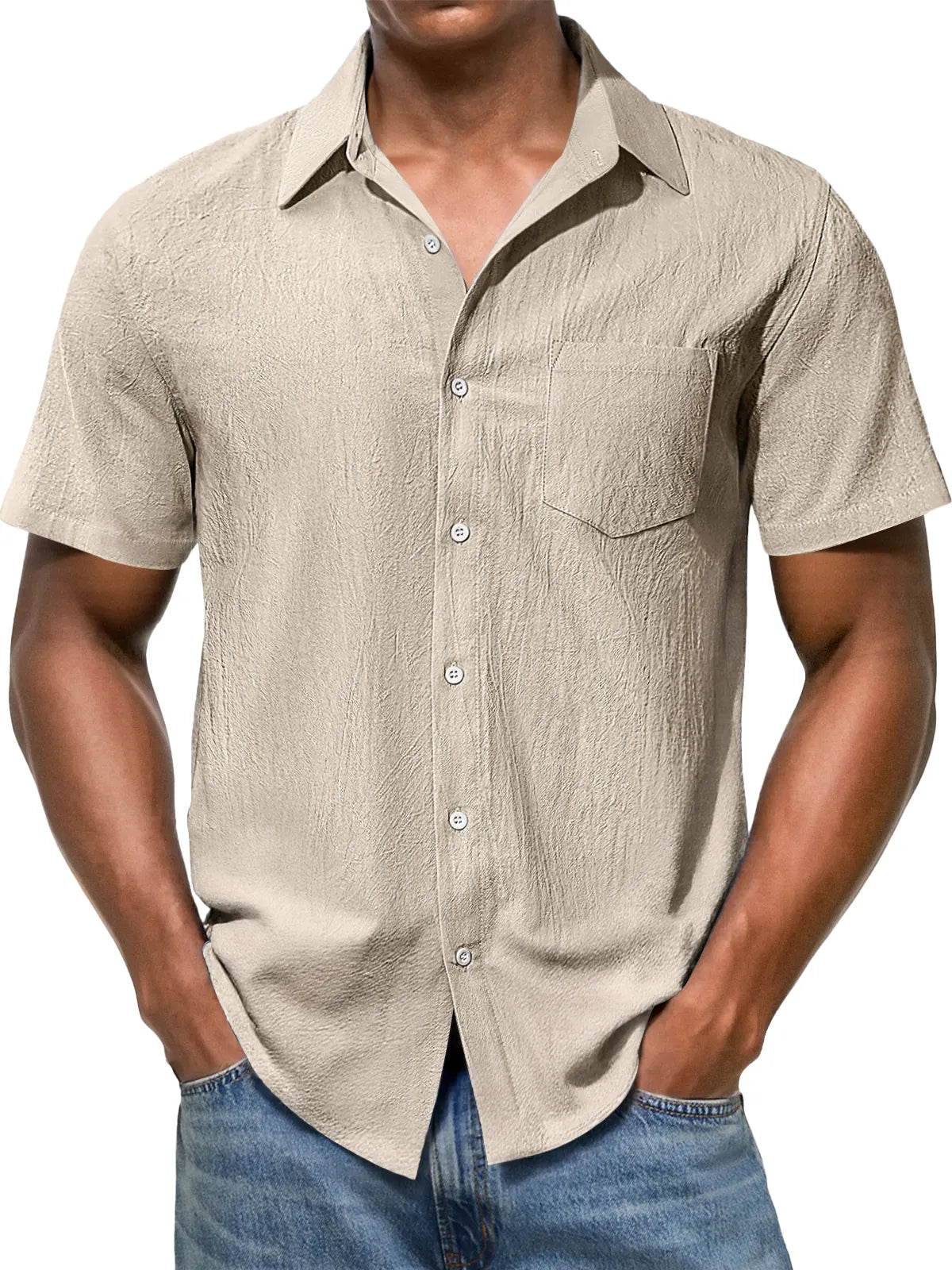 Men's Casual Texture Lapel Pocket Solid Color Comfortable Short Sleeve Shirt