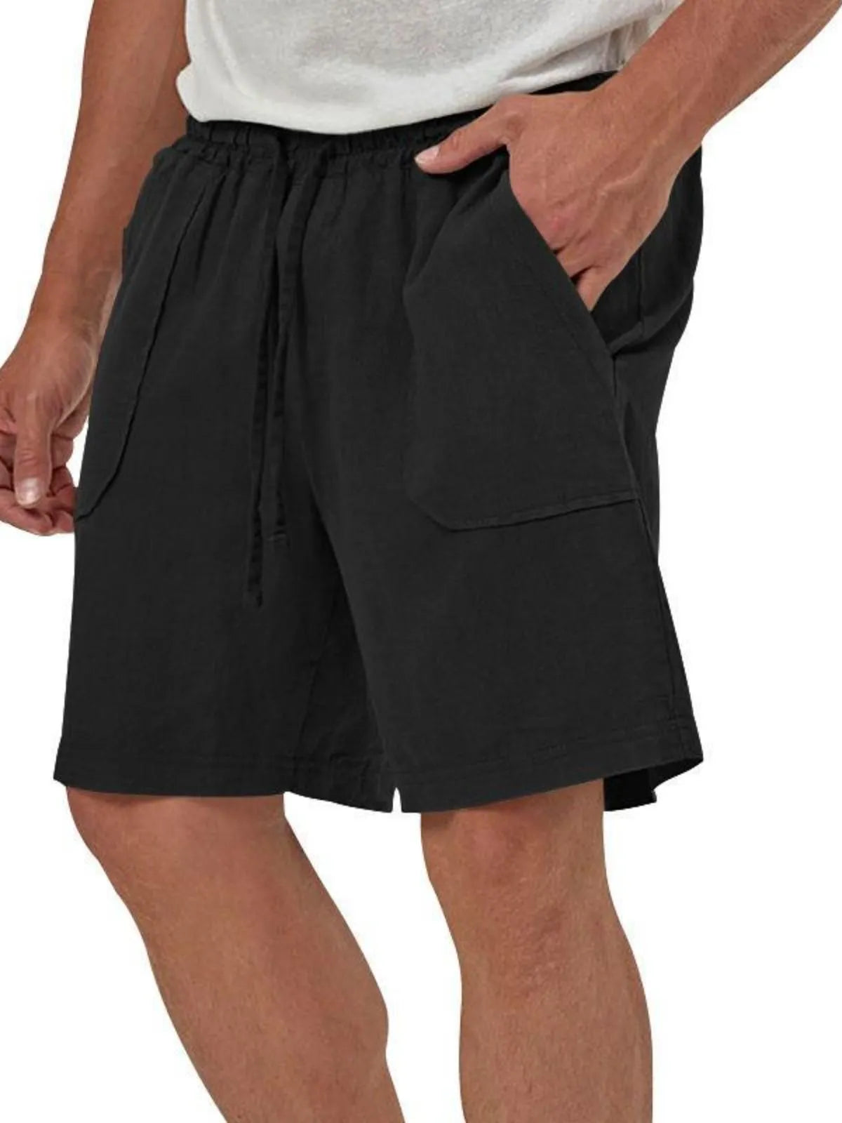 Men's Linen Casual Vacation Double Pocket Drawstring Elastic Waist Shorts Cropped Pants