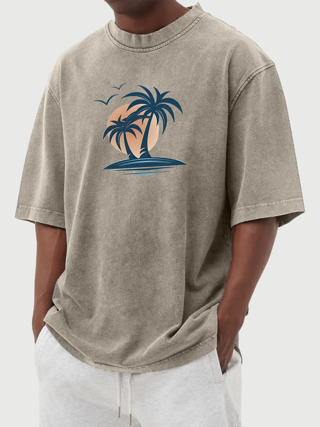 Men's Washed Distressed Cotton Palm Tree Casual Short-sleeved T-shirt