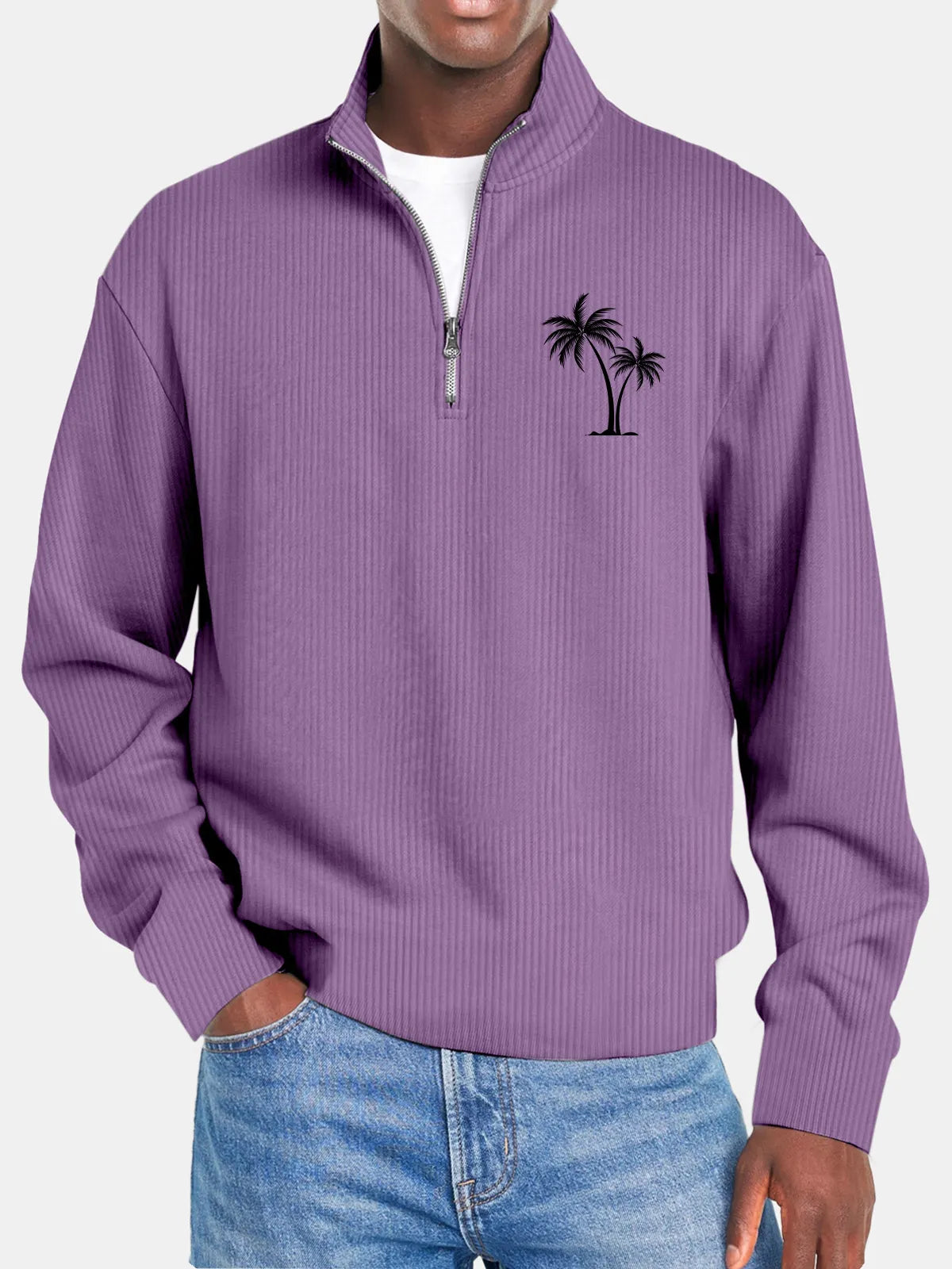 Men's Casual Solid Color Vertical Pit Stripe Coconut Tree Print Zipper Long Sleeve Top