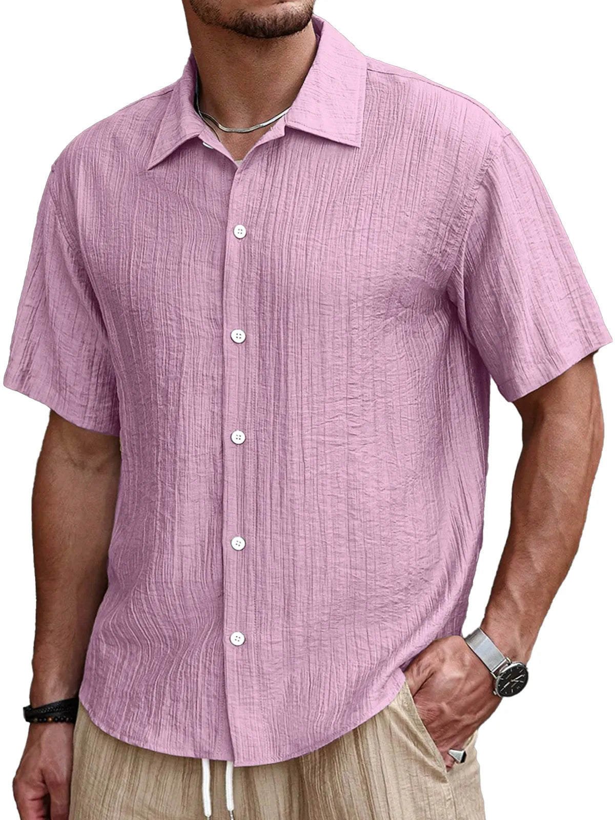 Men's Simple Casual Pleated Solid Color Short Sleeve Button Lapel Shirt