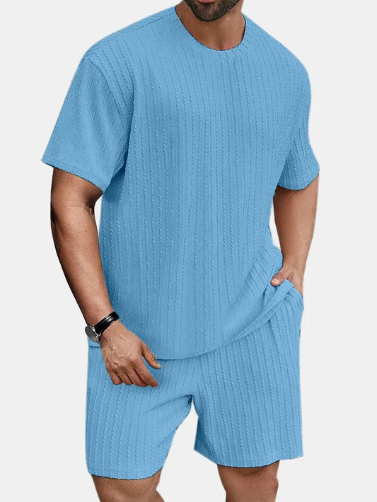 Men's solid color round neck pullover vertical pattern T-shirt shorts two-piece set