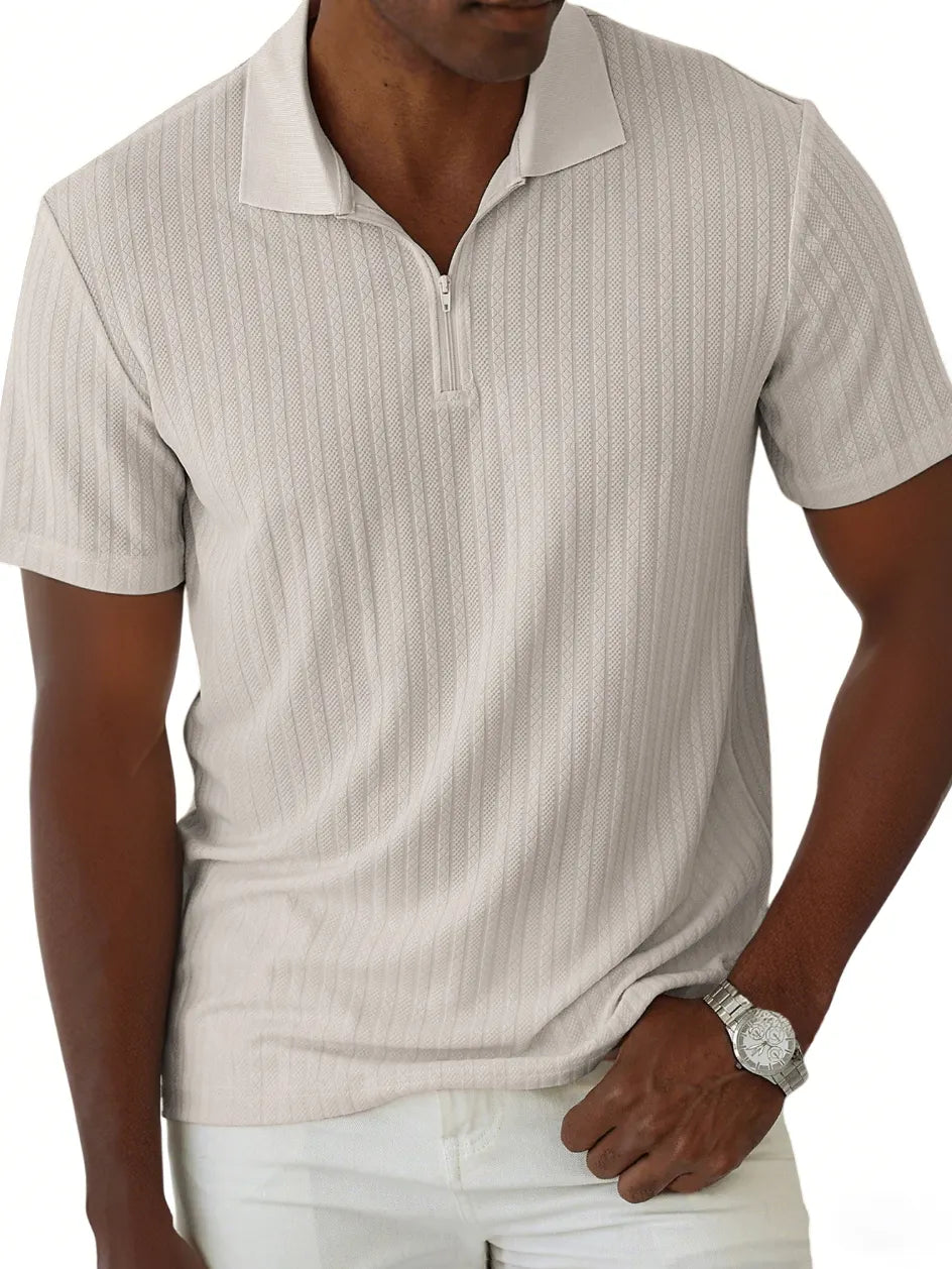 Men's Jacquard Casual Quarter Zip Lapel Short Sleeve Polo Shirt