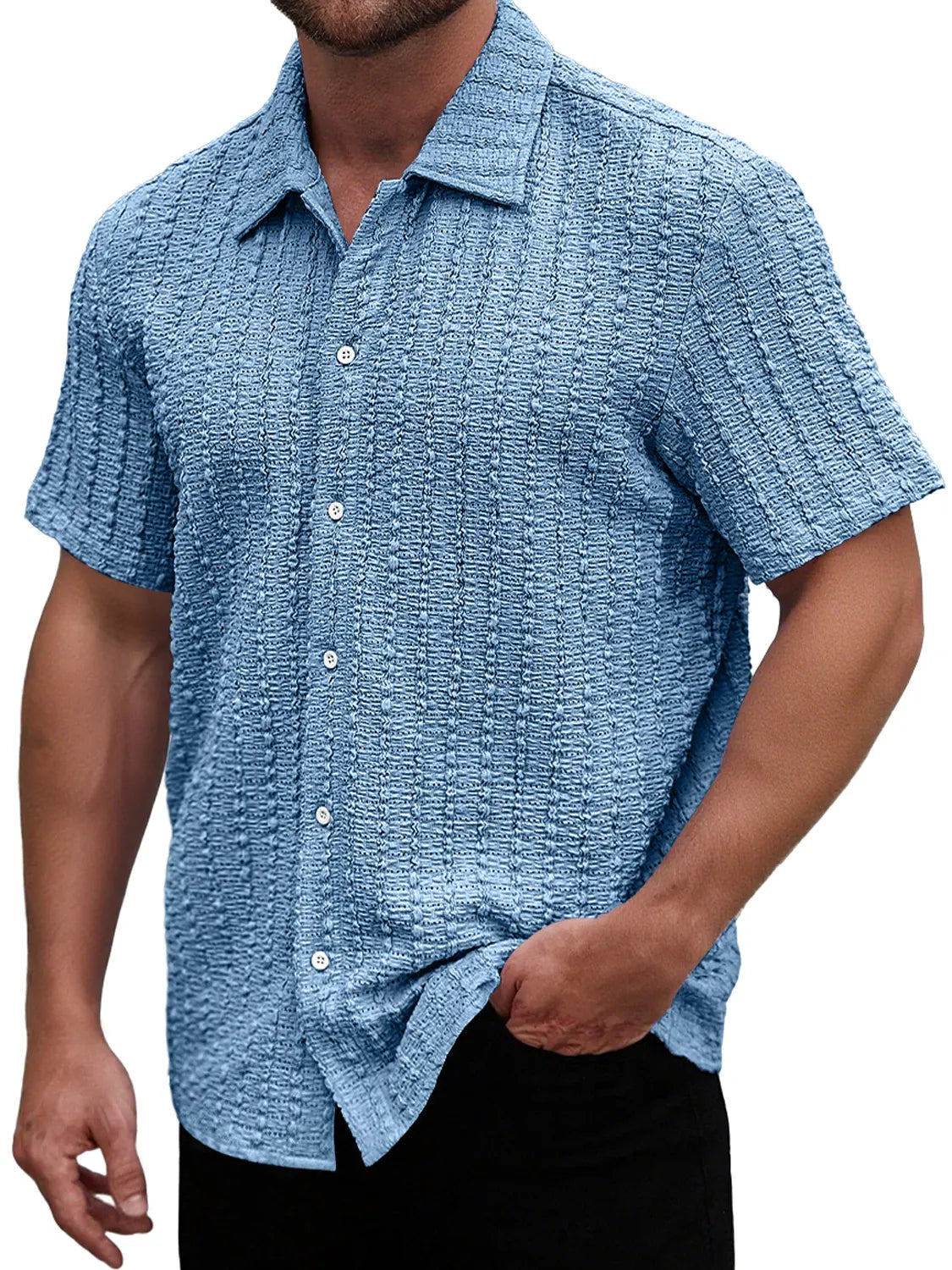 Men's Casual Textured Lapel Solid Color Short-sleeved Shirt