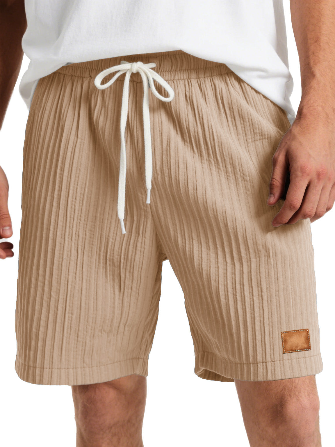 Men's Fashion Casual Striped Fabric Embroidered Logo Lace-up Loose Shorts