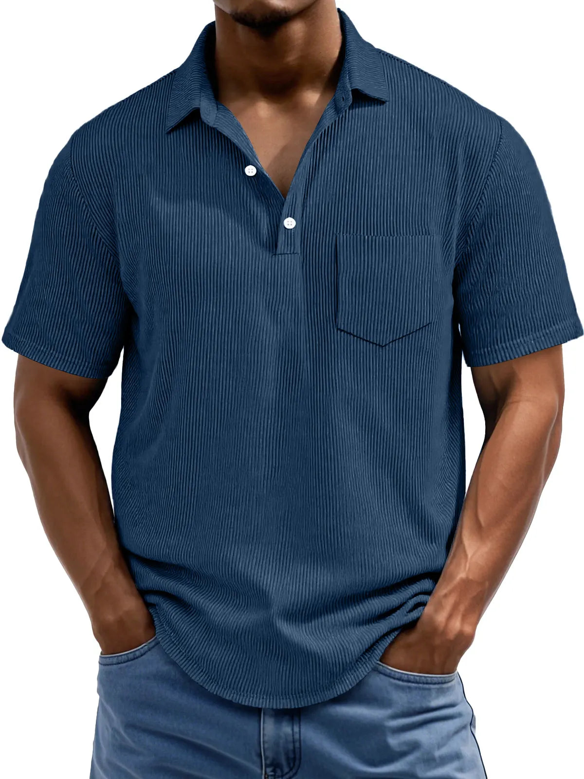 Men's Daily Rip Texture Casual Lapel Button Pocket Short Sleeve Polo Shirt